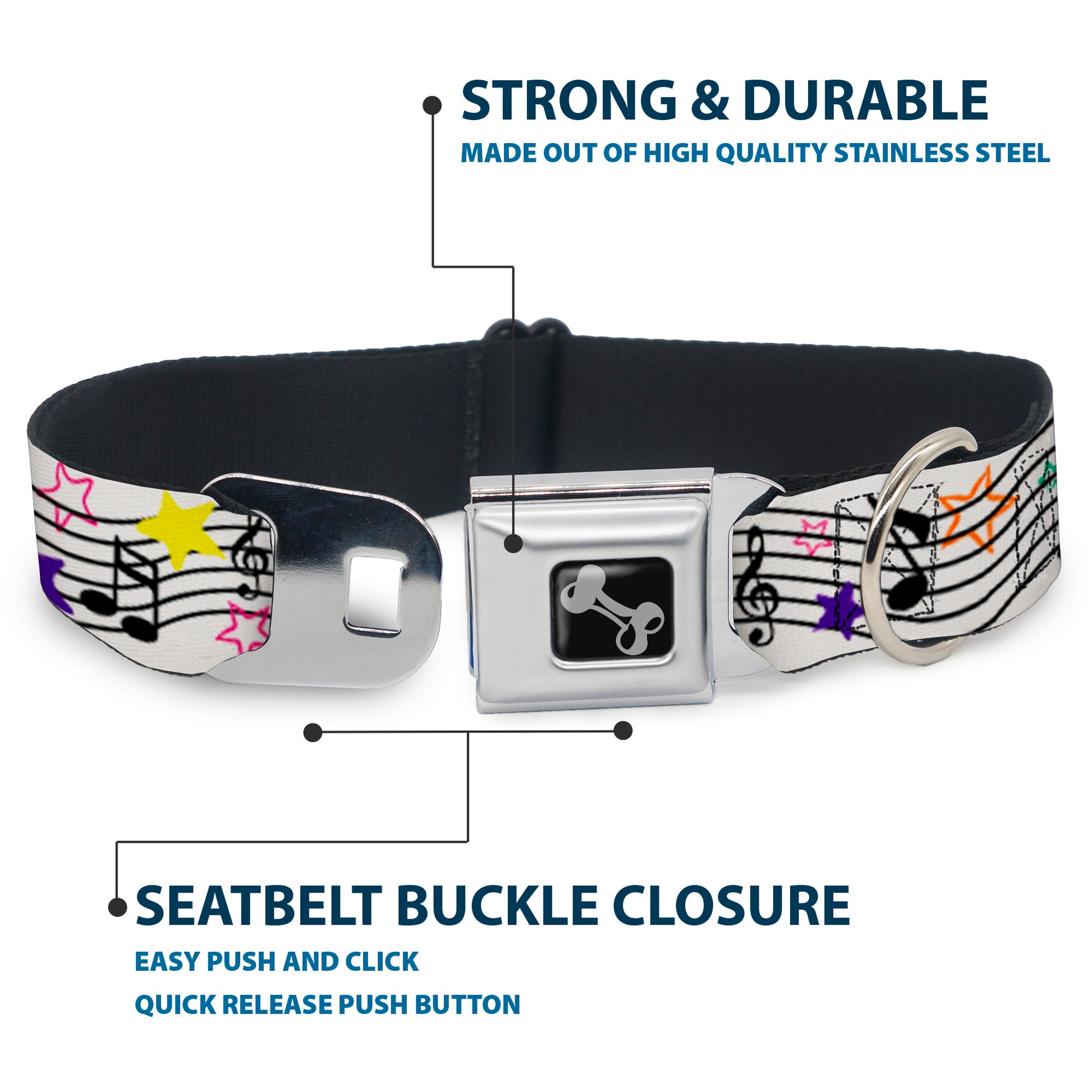 Dog Bone Seatbelt Buckle Collar - Music Notes Stars White/Black/Multi Color Seatbelt Buckle Collars Buckle-Down