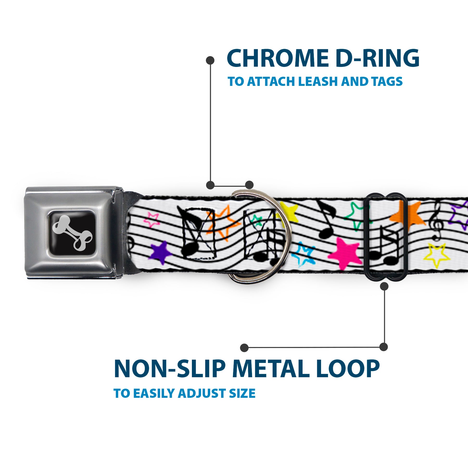 Dog Bone Seatbelt Buckle Collar - Music Notes Stars White/Black/Multi Color Seatbelt Buckle Collars Buckle-Down