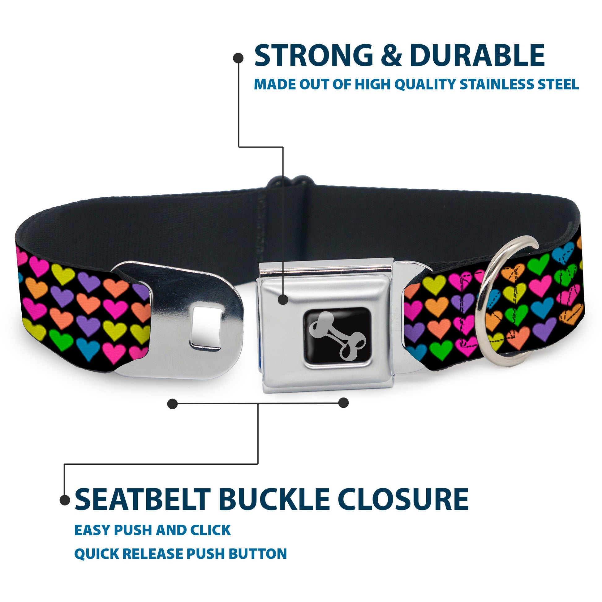 Dog Bone Seatbelt Buckle Collar - Mini Hearts Black/Multi Neon Seatbelt Buckle Collars Buckle-Down