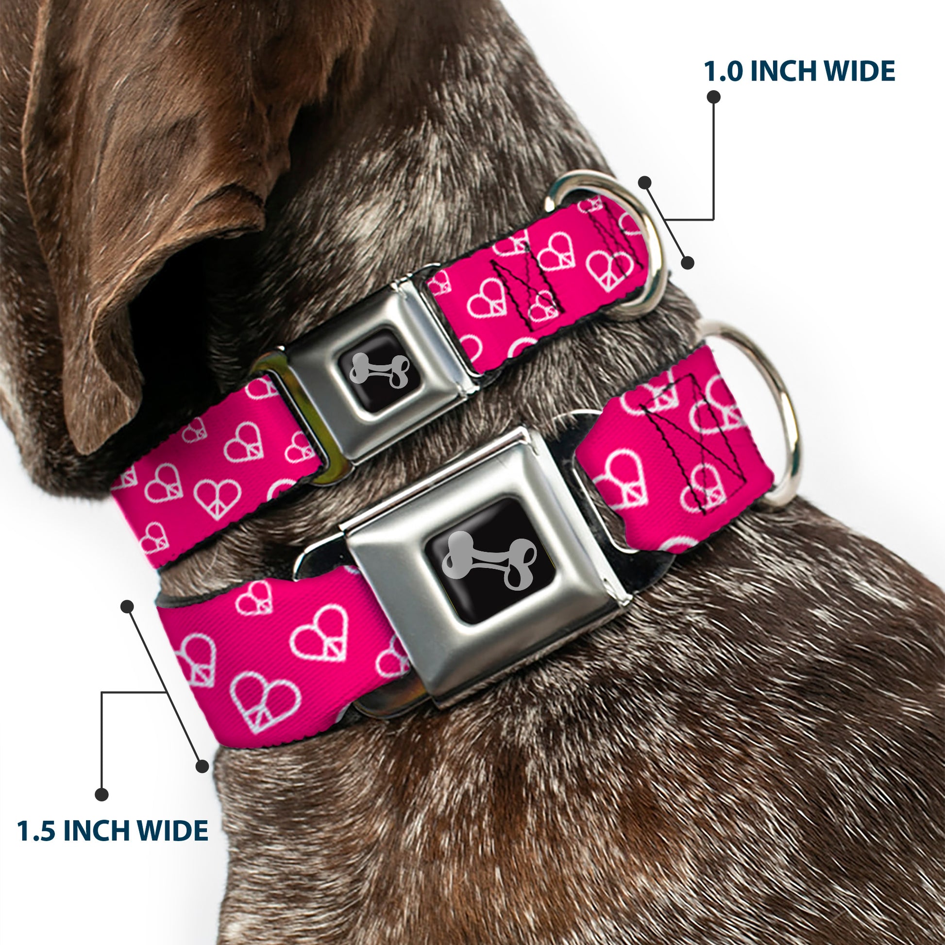Dog Bone Seatbelt Buckle Collar - Mini Peace Hearts Fuchsia/White Seatbelt Buckle Collars Buckle-Down