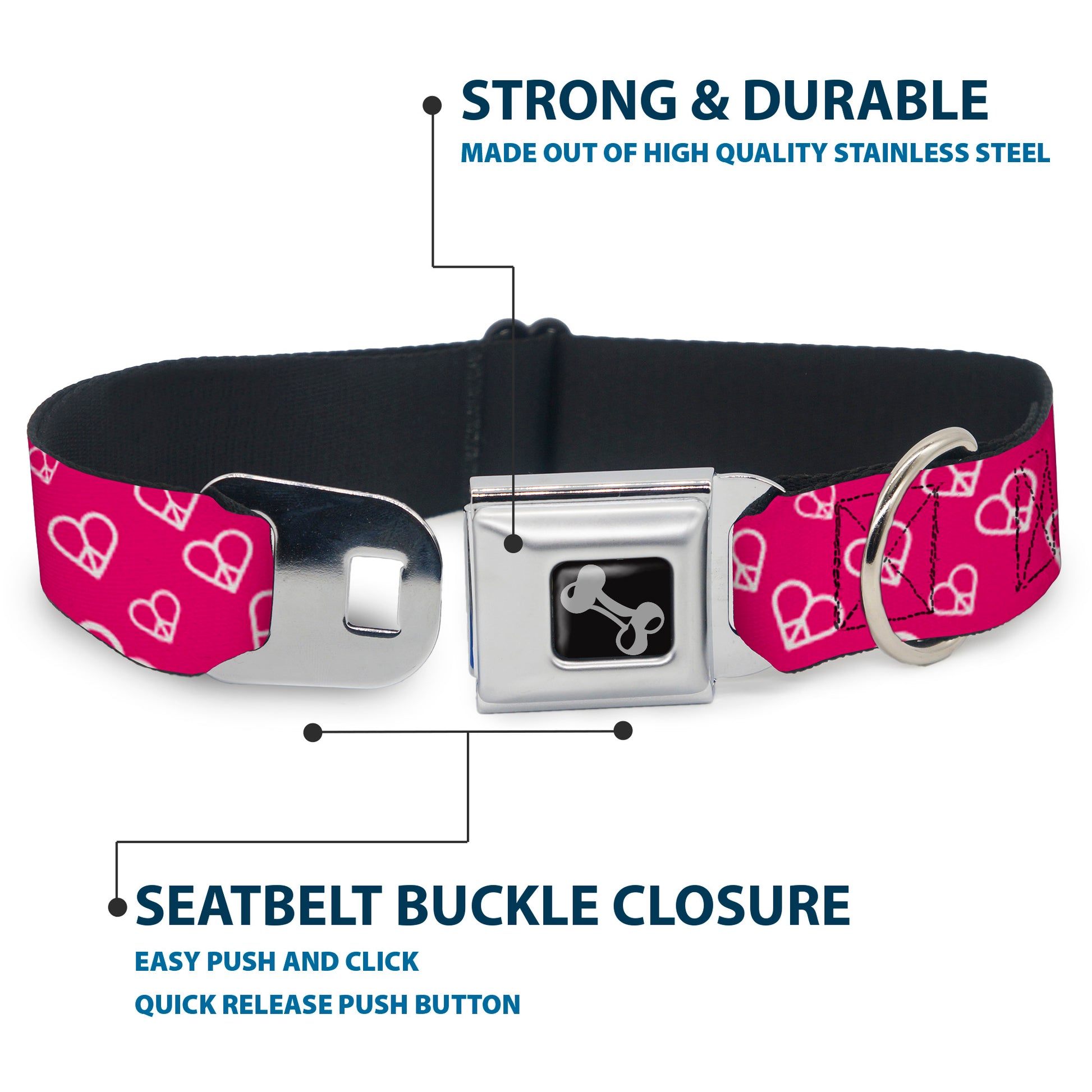 Dog Bone Seatbelt Buckle Collar - Mini Peace Hearts Fuchsia/White Seatbelt Buckle Collars Buckle-Down