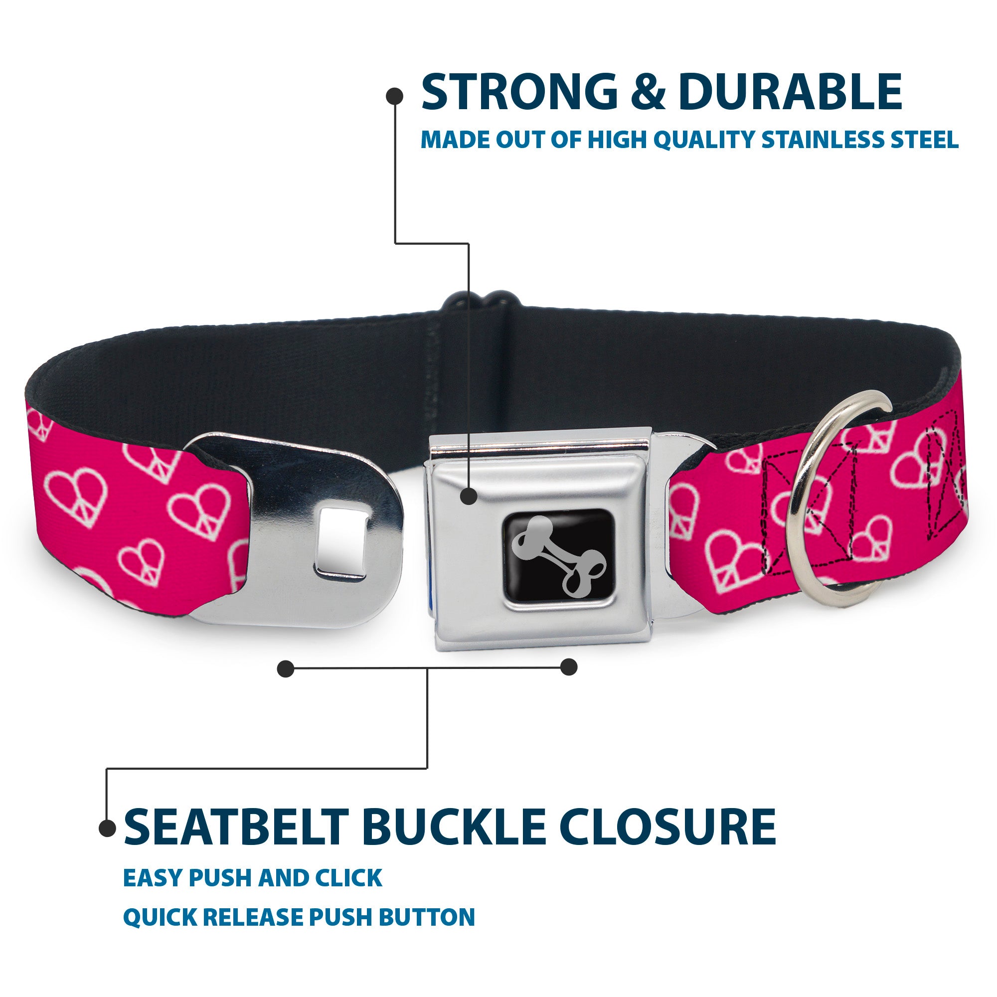 Dog Bone Seatbelt Buckle Collar - Mini Peace Hearts Fuchsia/White Seatbelt Buckle Collars Buckle-Down
