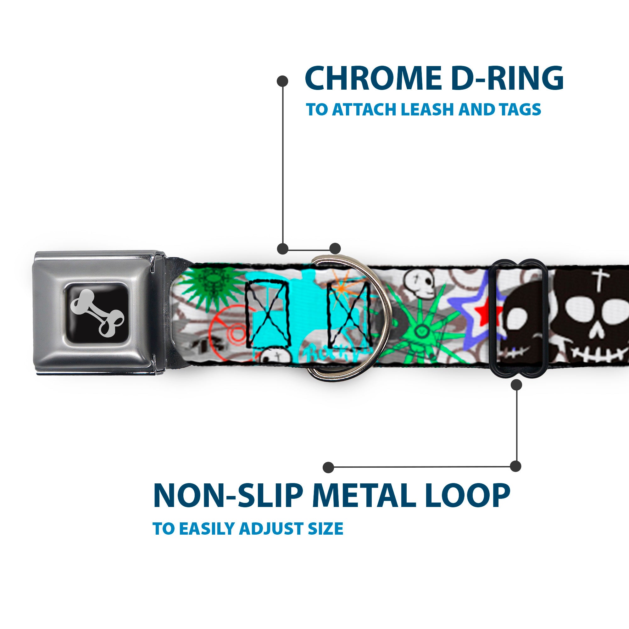 Dog Bone Seatbelt Buckle Collar - Music Skulls Multi Color Seatbelt Buckle Collars Buckle-Down