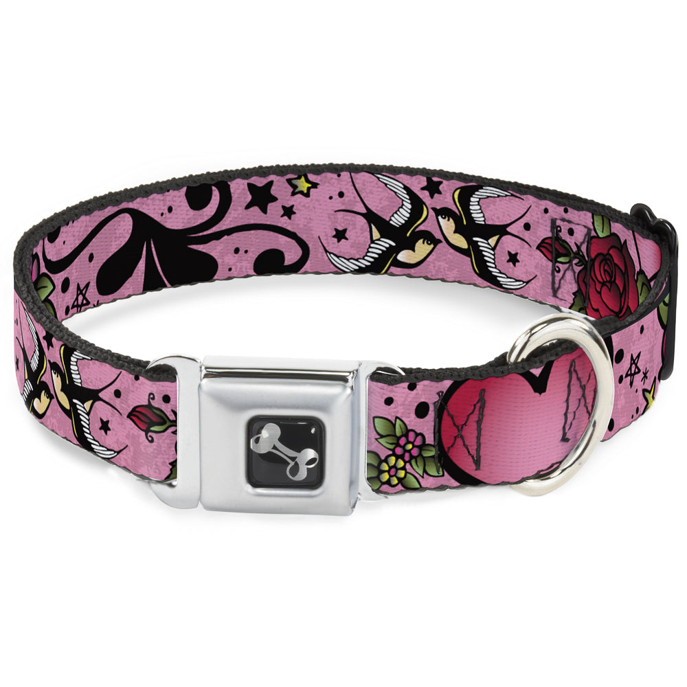 Dog Bone Seatbelt Buckle Collar - Mom & Dad CLOSE-UP Pink w/Sparrows Seatbelt Buckle Collars Buckle-Down