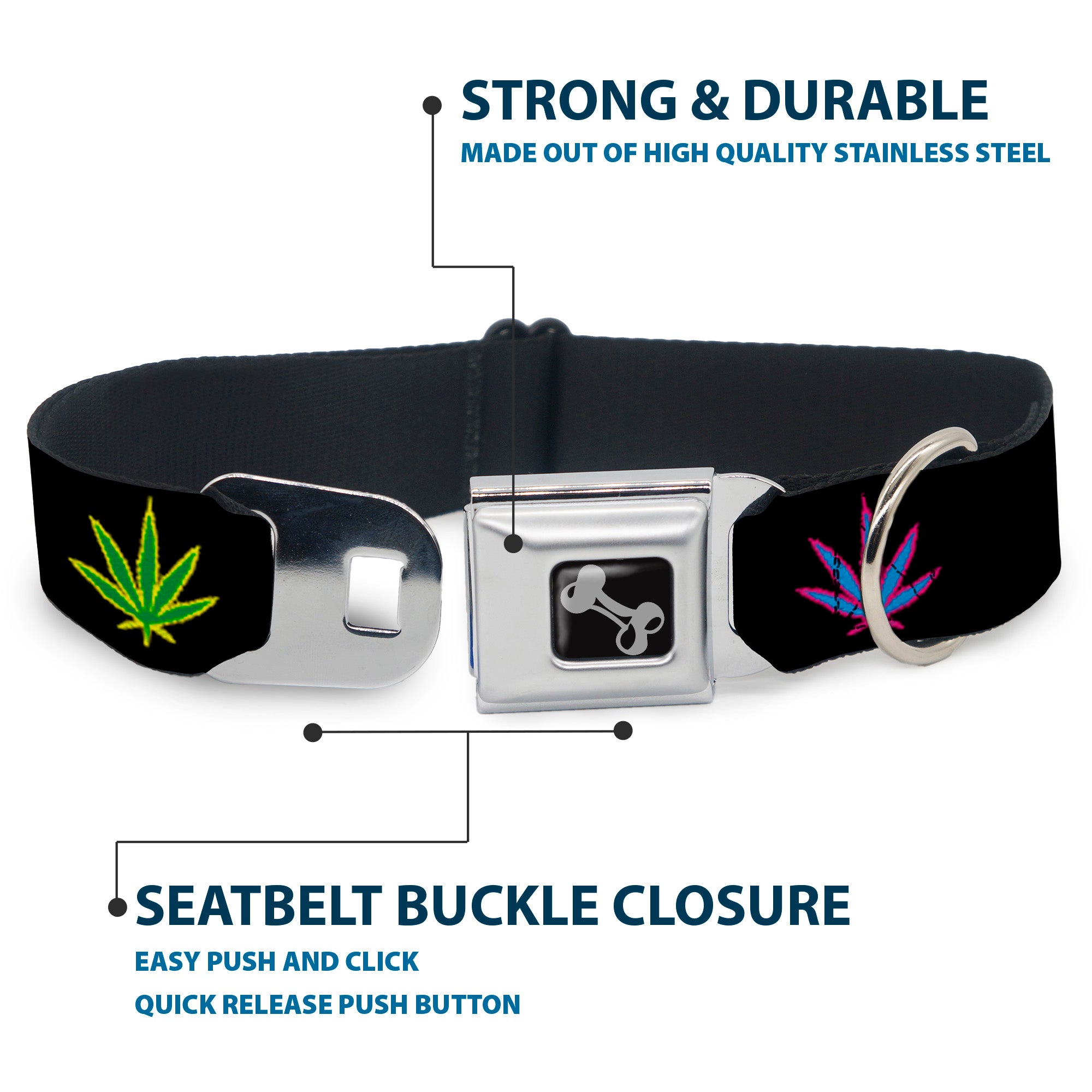 Buckle-Down Seatbelt Buckle Dog Collar - Marijuana Leaf Repeat Black/Multi Color Seatbelt Buckle Collars Buckle-Down