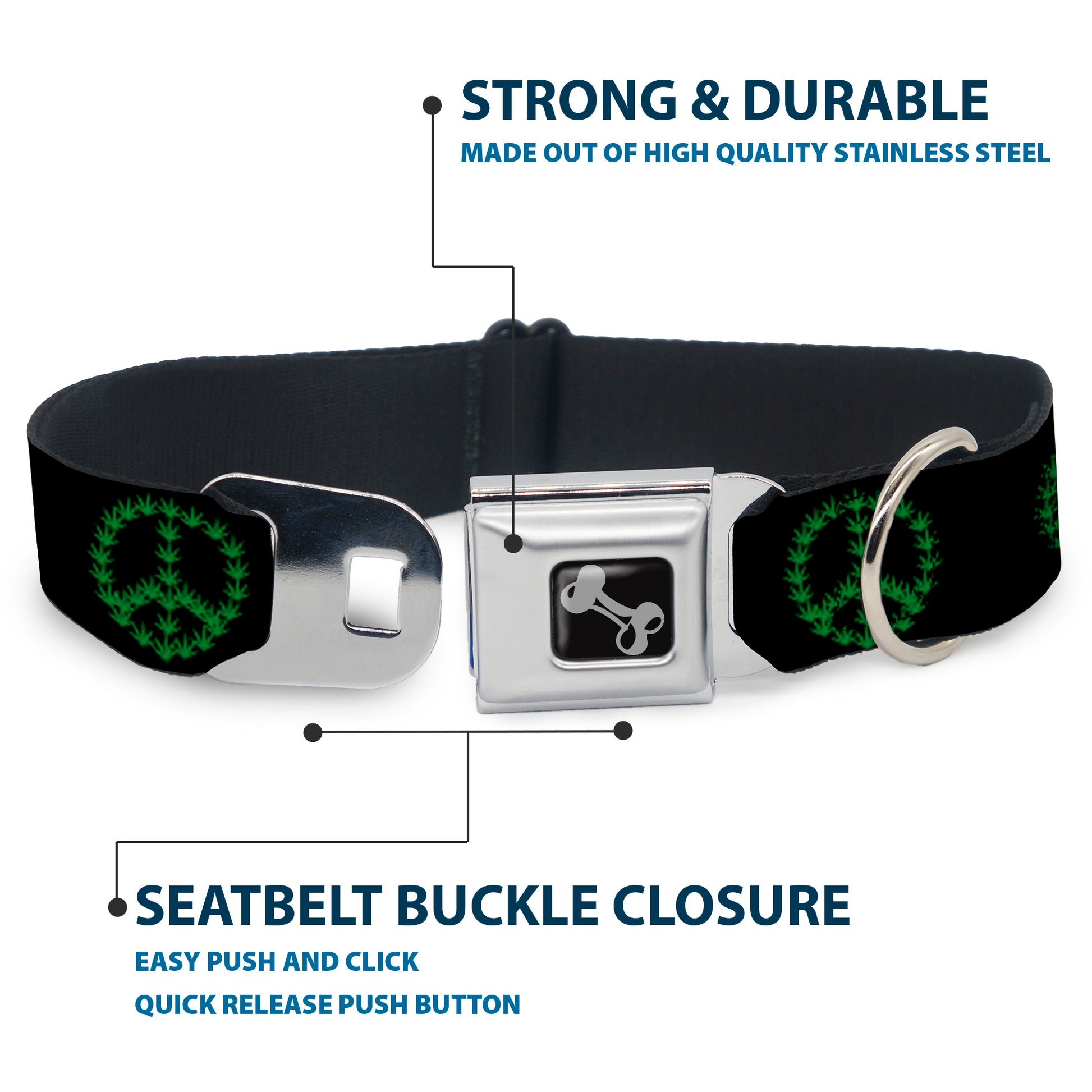 Buckle-Down Seatbelt Buckle Dog Collar - Marijuana Peace Repeat Black/Green Seatbelt Buckle Collars Buckle-Down