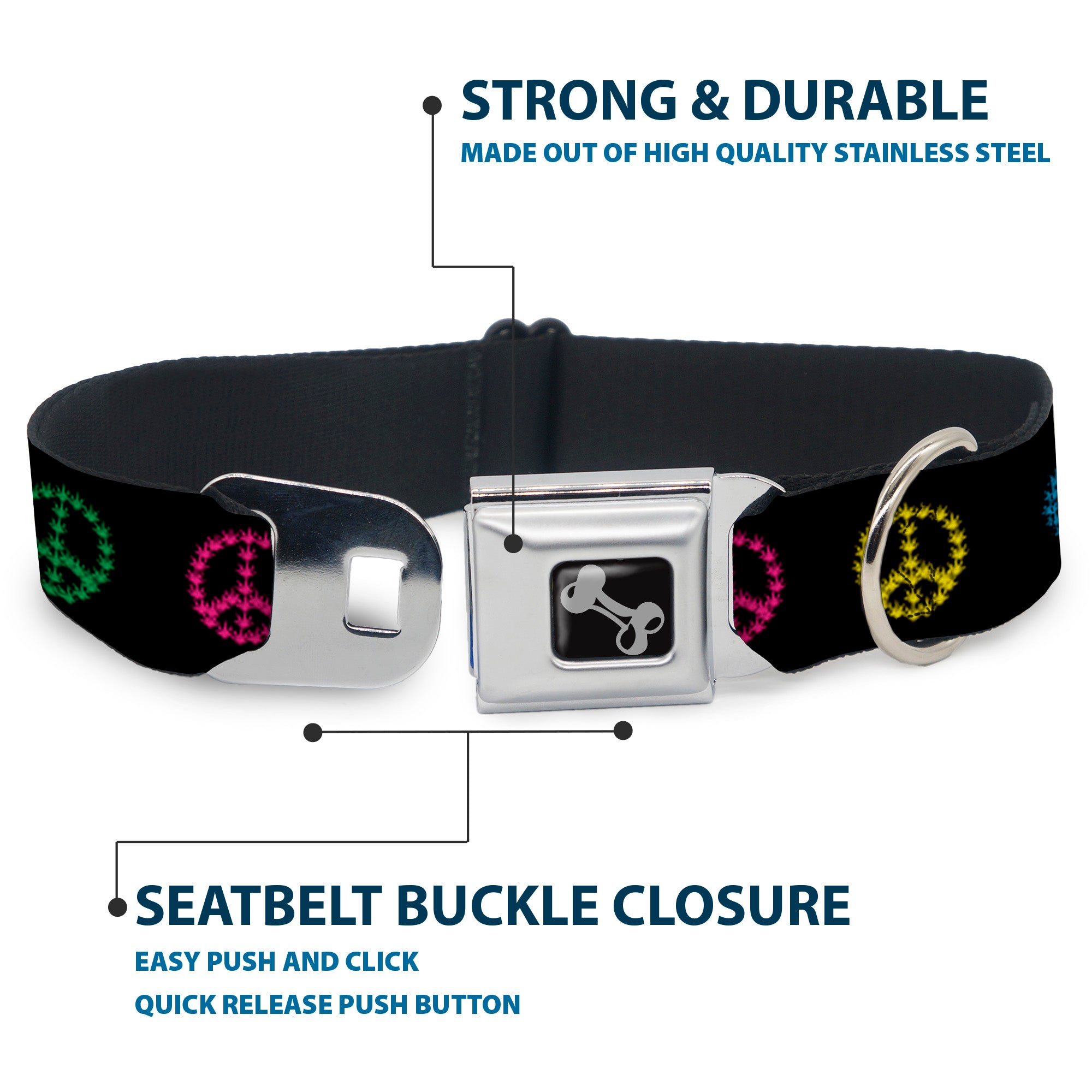 Buckle-Down Seatbelt Buckle Dog Collar - Marijuana Peace Repeat Black/Multi Color Seatbelt Buckle Collars Buckle-Down