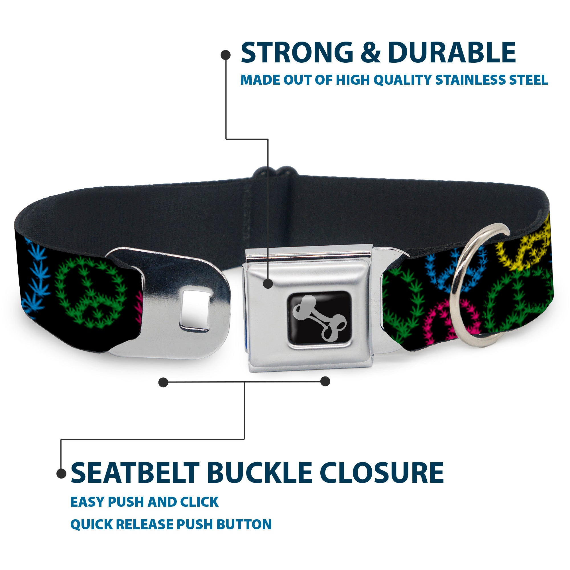 Buckle-Down Seatbelt Buckle Dog Collar - Multi Marijuana Peace Black/Multi Color Seatbelt Buckle Collars Buckle-Down