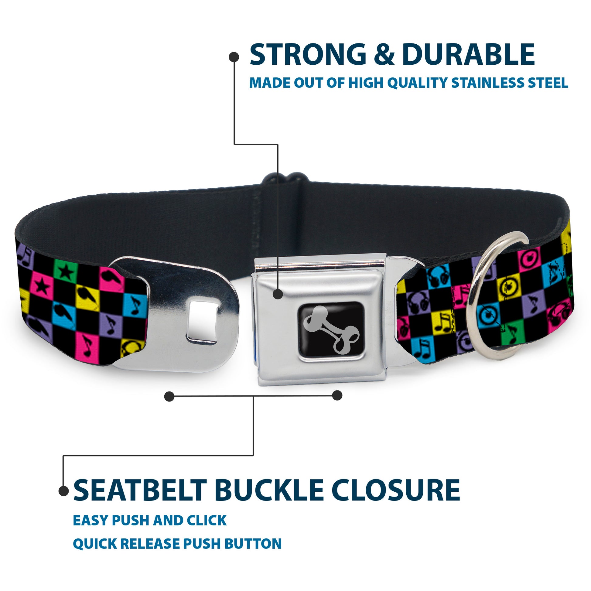 Dog Bone Seatbelt Buckle Collar - Musical Checkers Black/Neon Seatbelt Buckle Collars Buckle-Down
