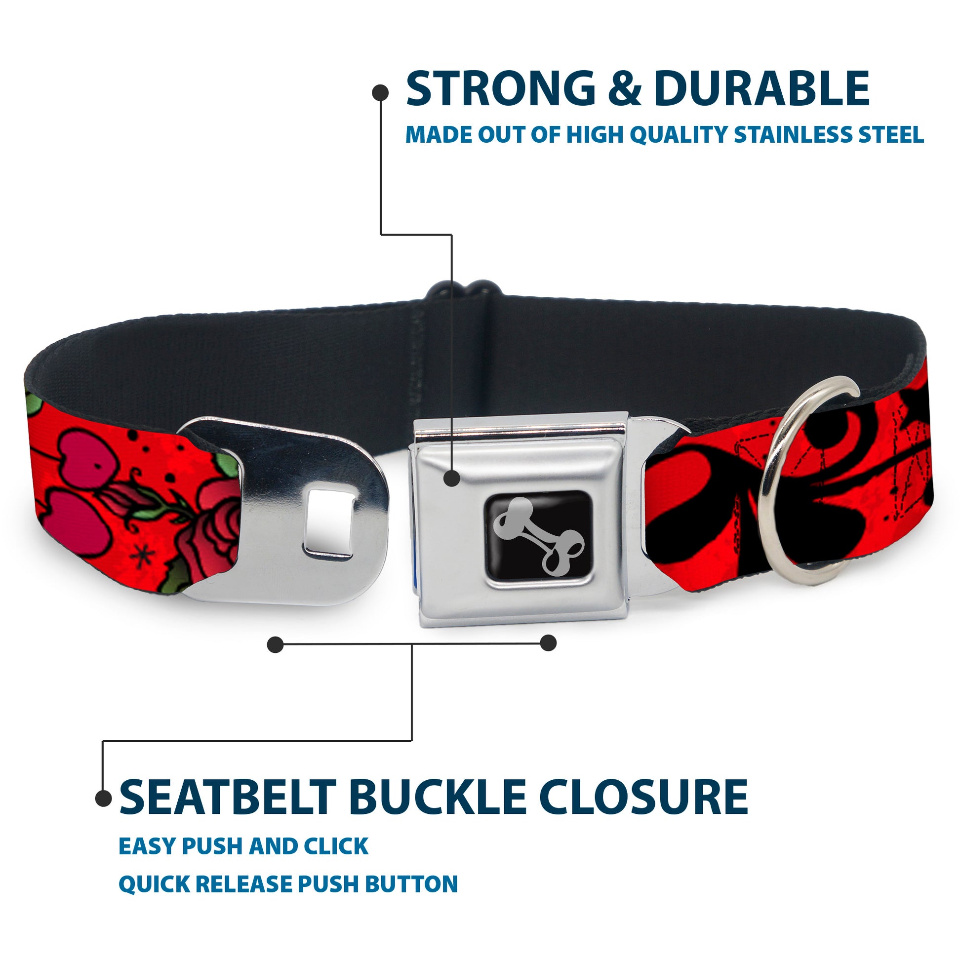Dog Bone Seatbelt Buckle Collar - Mom & Dad CLOSE-UP Red Seatbelt Buckle Collars Buckle-Down