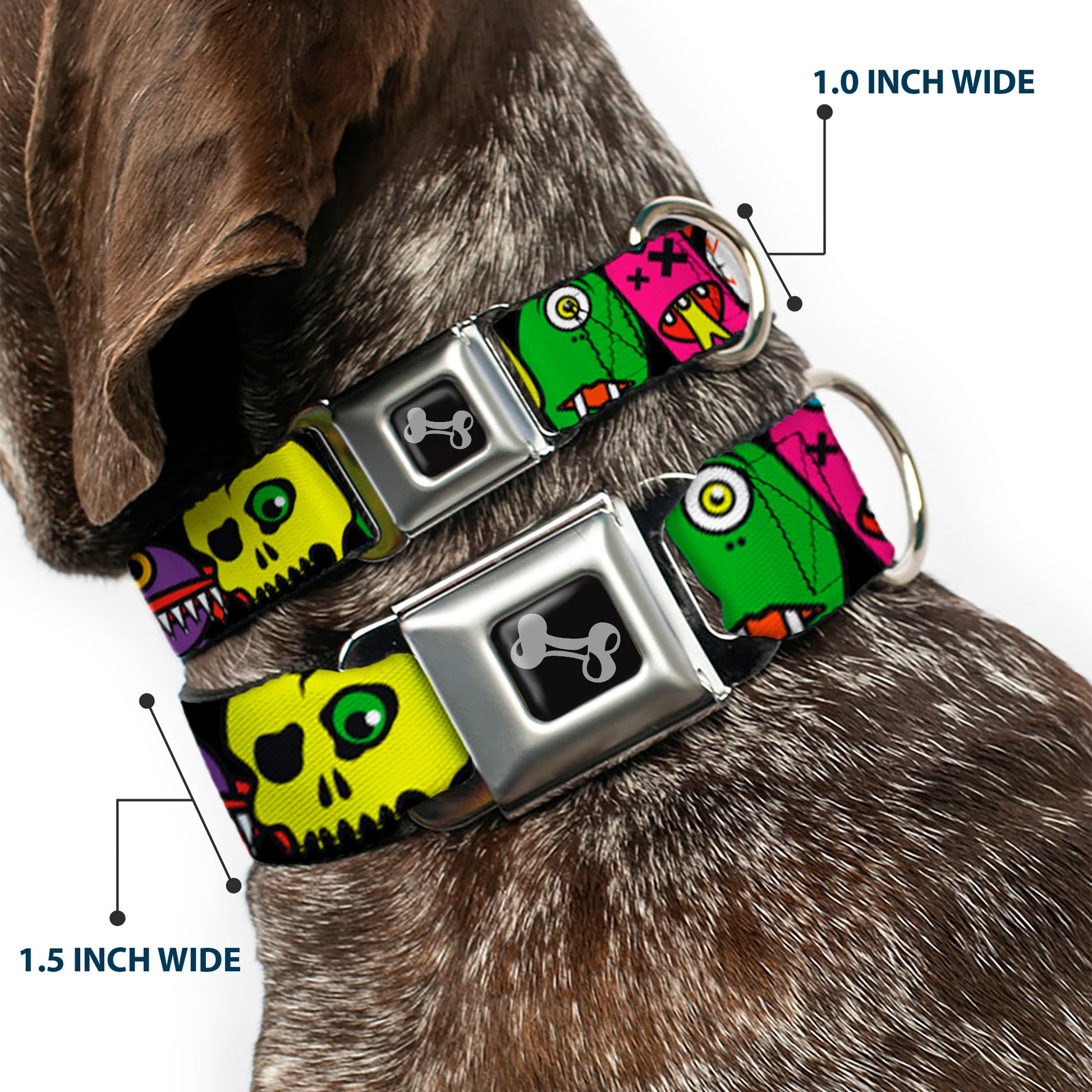 Dog Bone Seatbelt Buckle Collar - Monsters CLOSE-UP Black Seatbelt Buckle Collars Buckle-Down