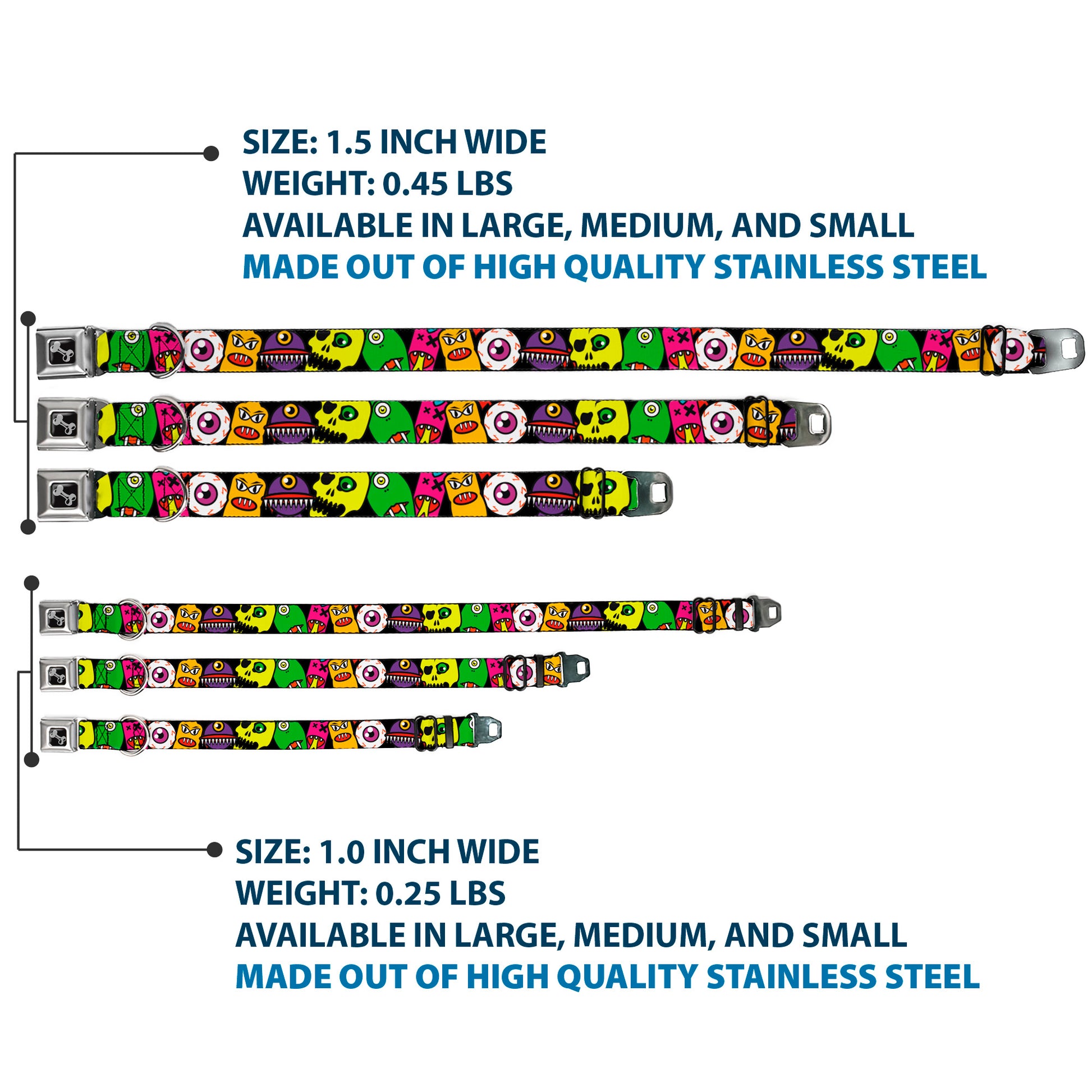 Dog Bone Seatbelt Buckle Collar - Monsters CLOSE-UP Black Seatbelt Buckle Collars Buckle-Down