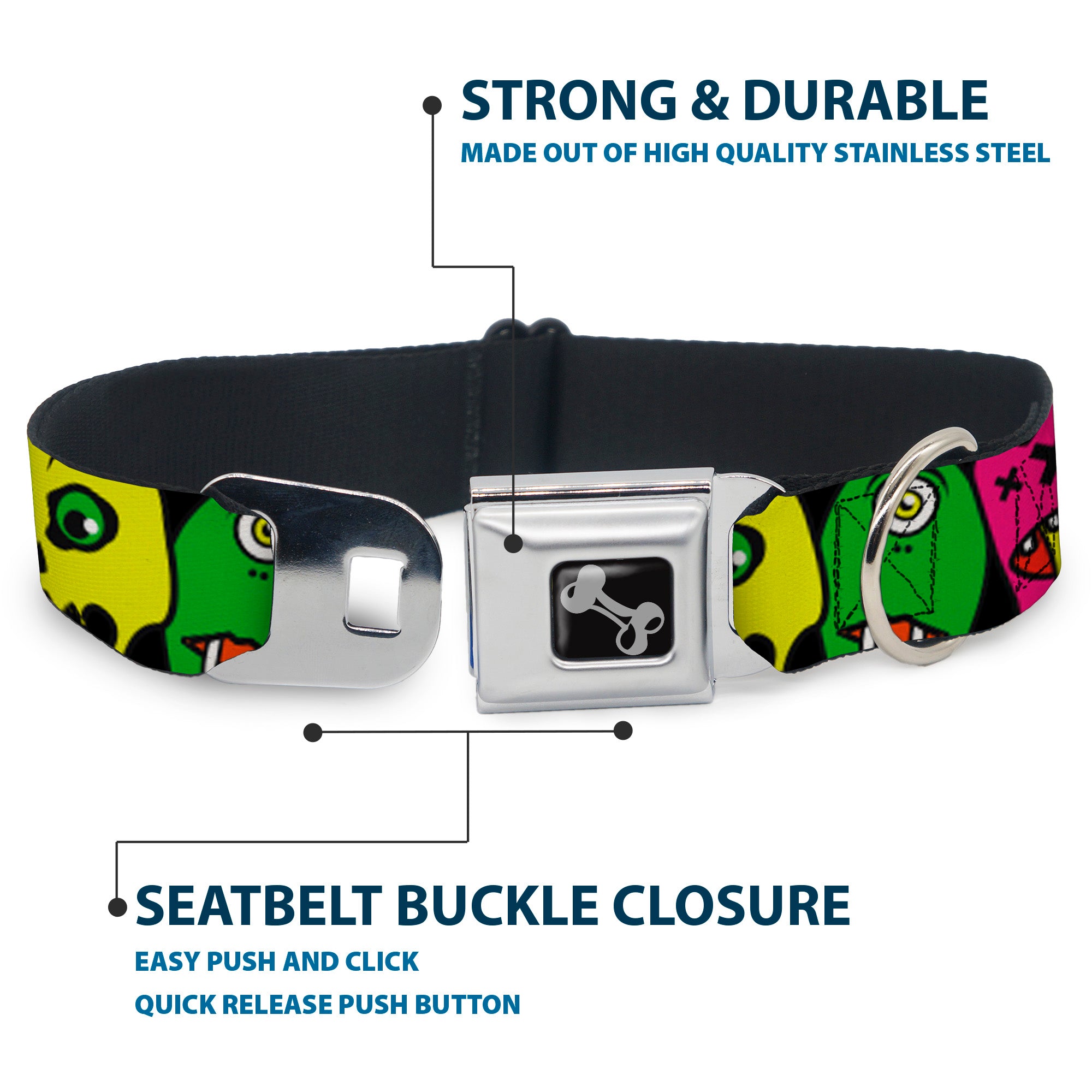 Dog Bone Seatbelt Buckle Collar - Monsters CLOSE-UP Black Seatbelt Buckle Collars Buckle-Down