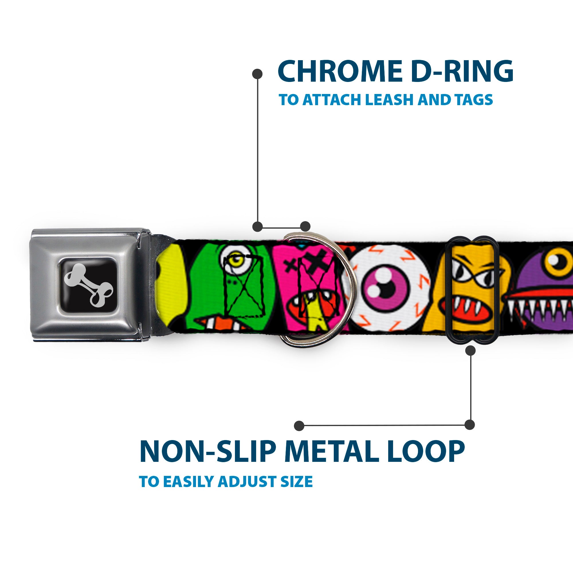 Dog Bone Seatbelt Buckle Collar - Monsters CLOSE-UP Black Seatbelt Buckle Collars Buckle-Down