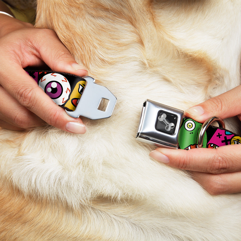 Dog Bone Seatbelt Buckle Collar - Monsters CLOSE-UP Black Seatbelt Buckle Collars Buckle-Down