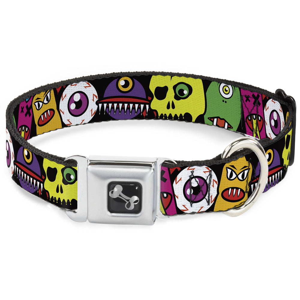 Dog Bone Seatbelt Buckle Collar - Monsters CLOSE-UP Black Seatbelt Buckle Collars Buckle-Down