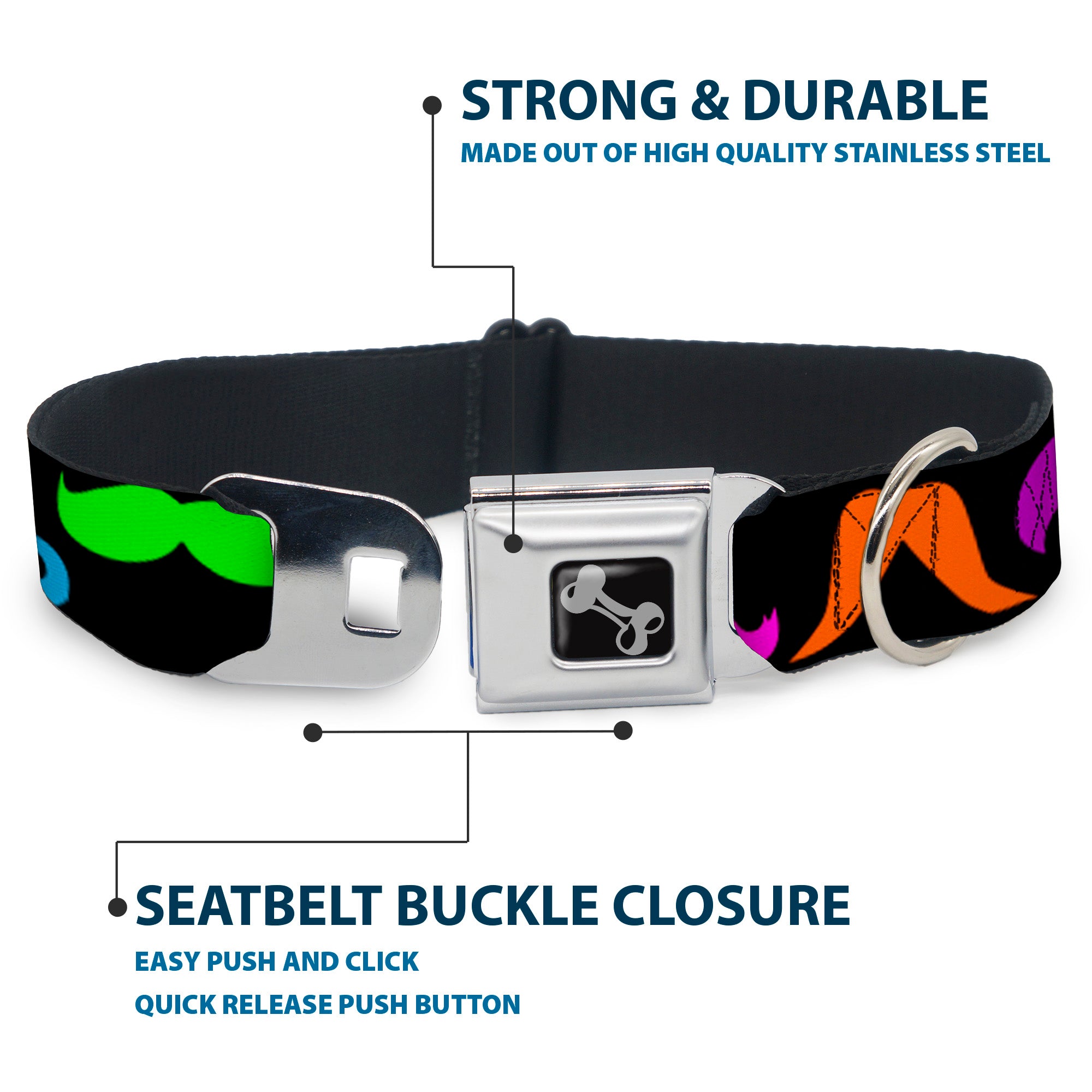 Dog Bone Seatbelt Buckle Collar - Mustaches Black/Multi Color Seatbelt Buckle Collars Buckle-Down