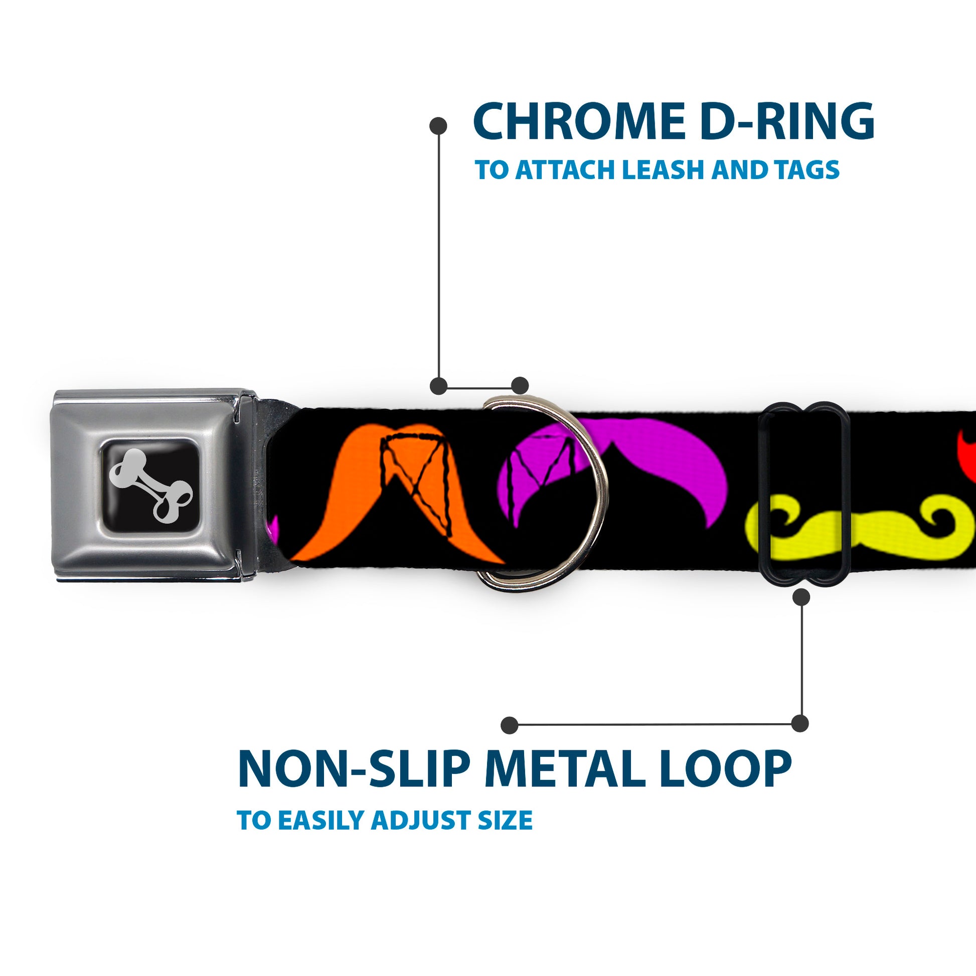 Dog Bone Seatbelt Buckle Collar - Mustaches Black/Multi Color Seatbelt Buckle Collars Buckle-Down