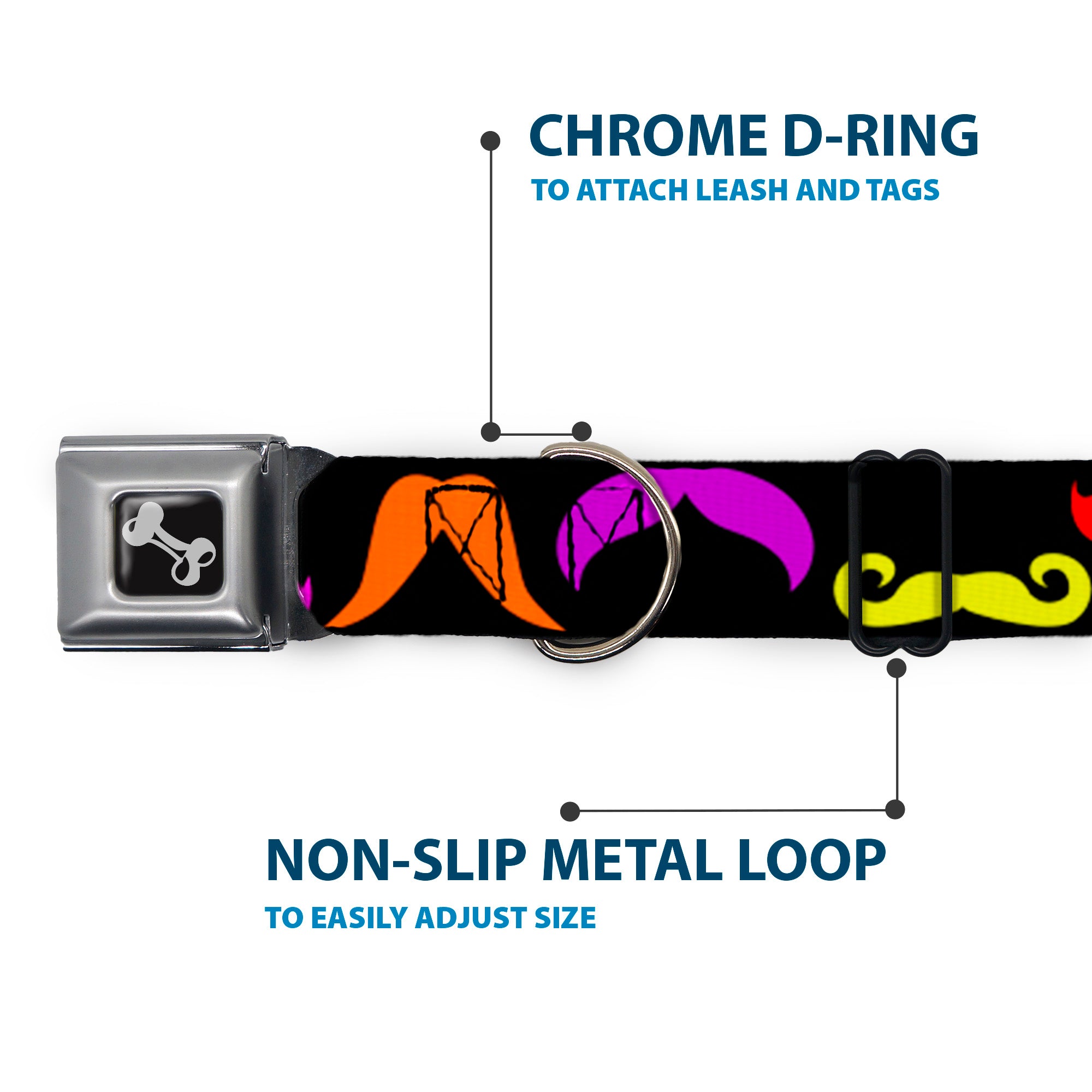 Dog Bone Seatbelt Buckle Collar - Mustaches Black/Multi Color Seatbelt Buckle Collars Buckle-Down