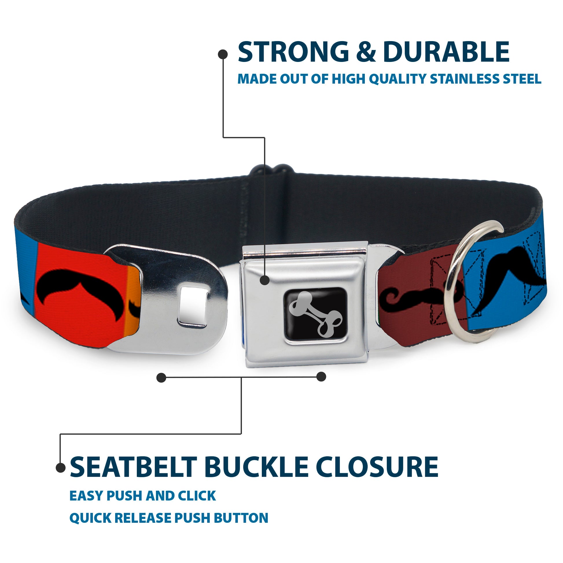 Dog Bone Seatbelt Buckle Collar - Mustaches Multi Color Blocks/Black Seatbelt Buckle Collars Buckle-Down