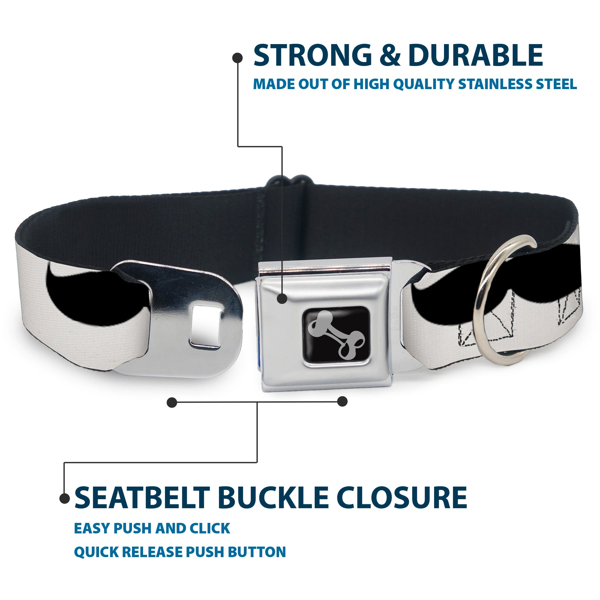 Dog Bone Seatbelt Buckle Collar - Mustaches White/Black Seatbelt Buckle Collars Buckle-Down