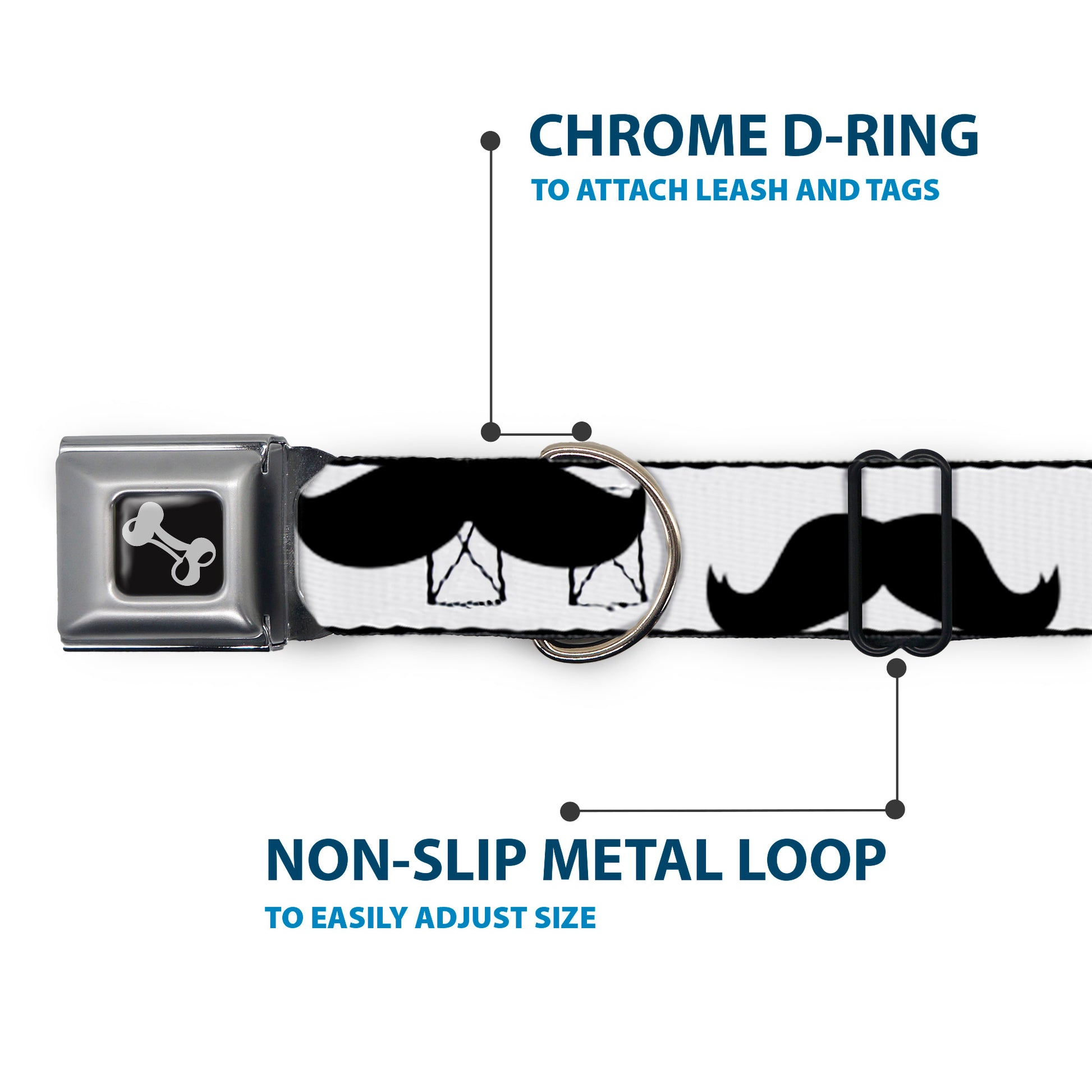 Dog Bone Seatbelt Buckle Collar - Mustaches White/Black Seatbelt Buckle Collars Buckle-Down