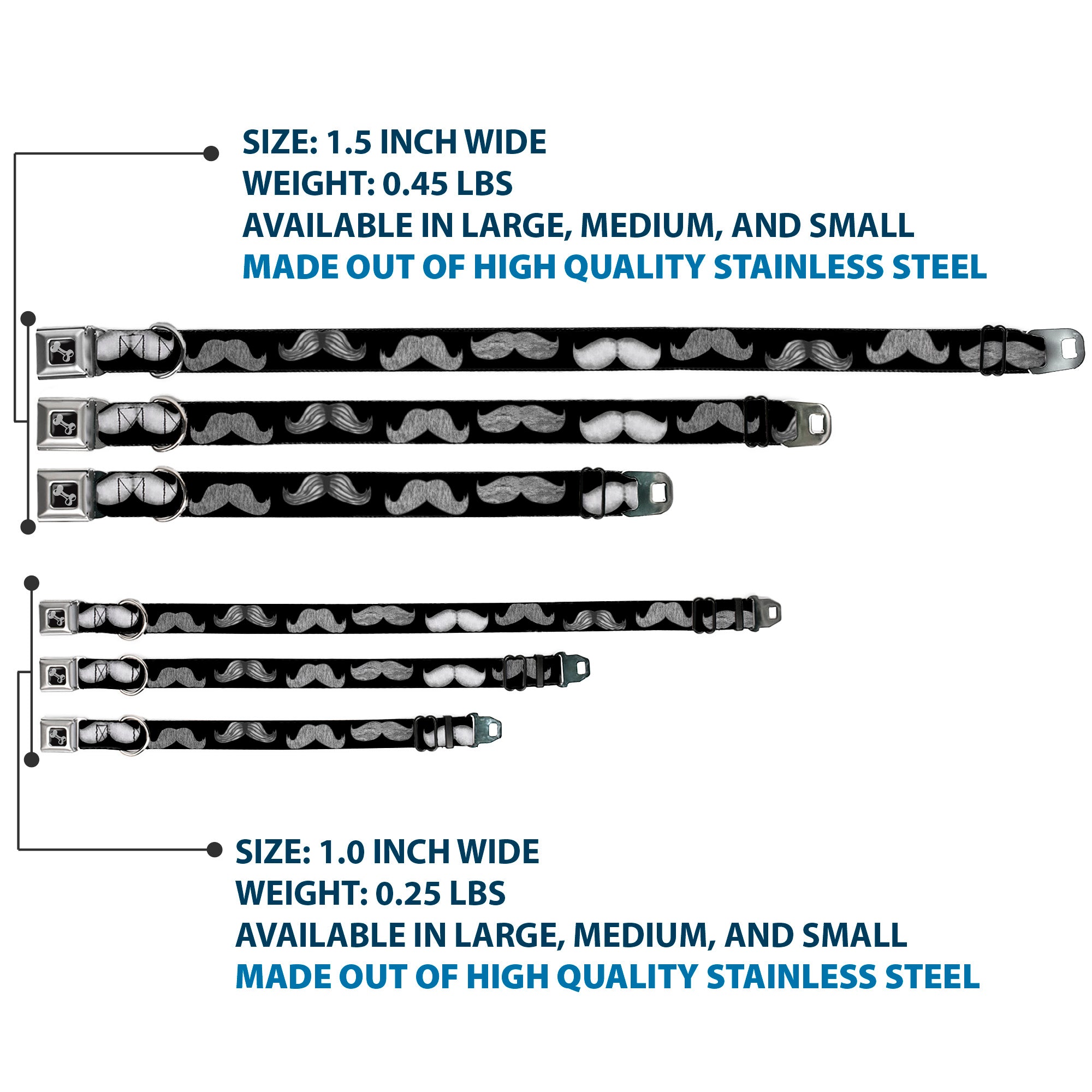 Dog Bone Seatbelt Buckle Collar - Mustaches Black/Sketch Seatbelt Buckle Collars Buckle-Down