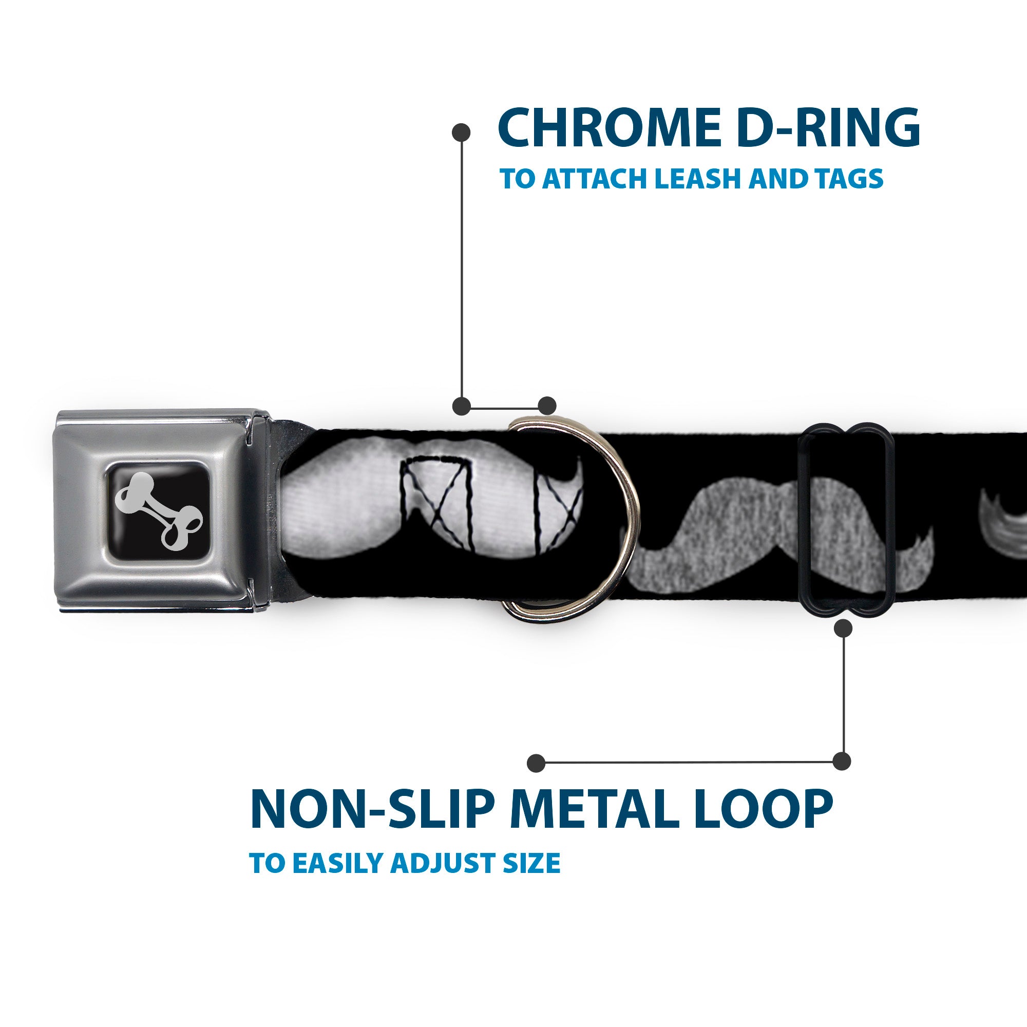 Dog Bone Seatbelt Buckle Collar - Mustaches Black/Sketch Seatbelt Buckle Collars Buckle-Down