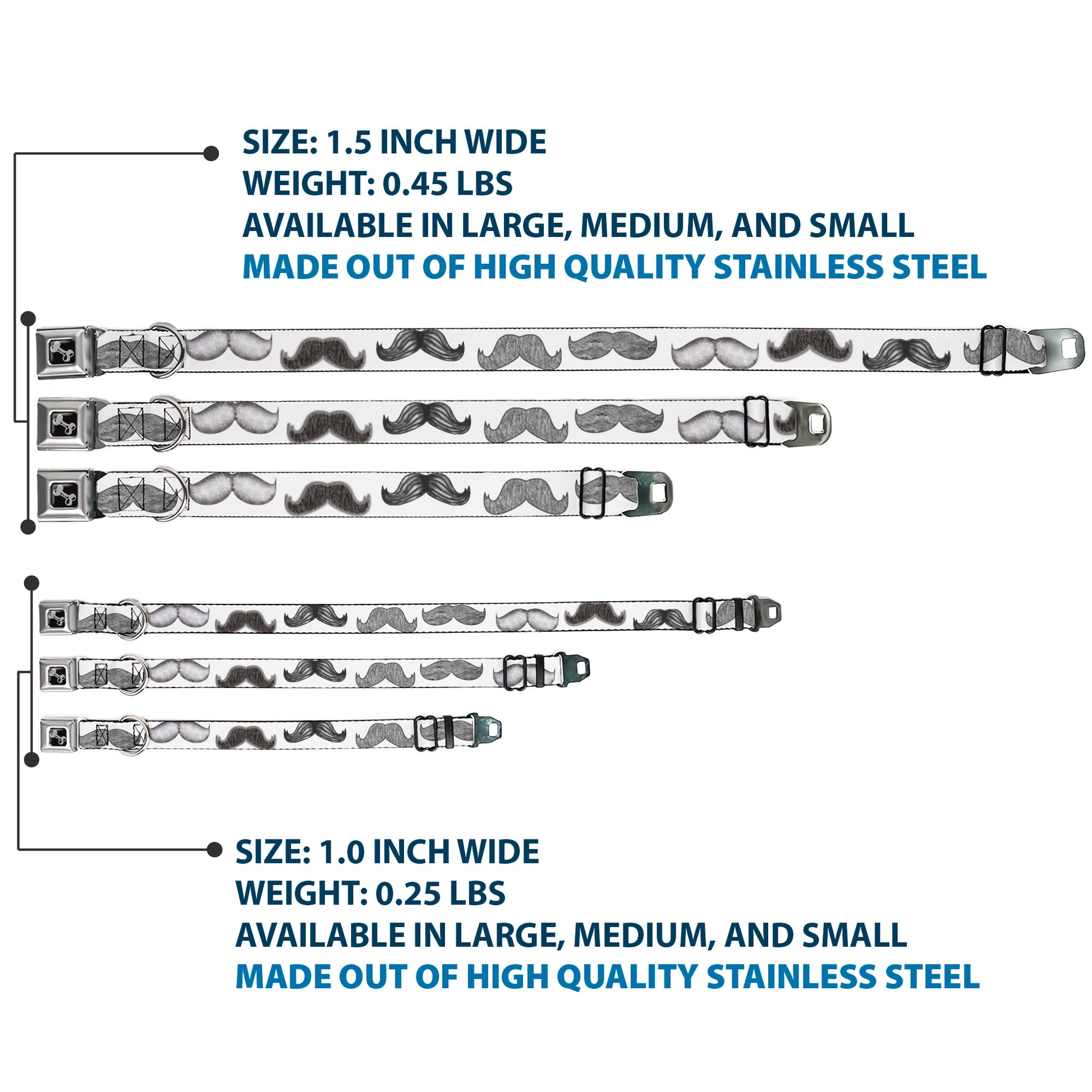 Dog Bone Seatbelt Buckle Collar - Mustaches White/Sketch Seatbelt Buckle Collars Buckle-Down