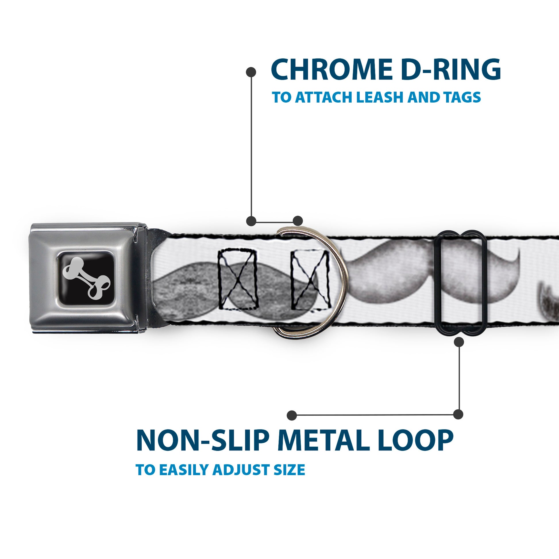 Dog Bone Seatbelt Buckle Collar - Mustaches White/Sketch Seatbelt Buckle Collars Buckle-Down