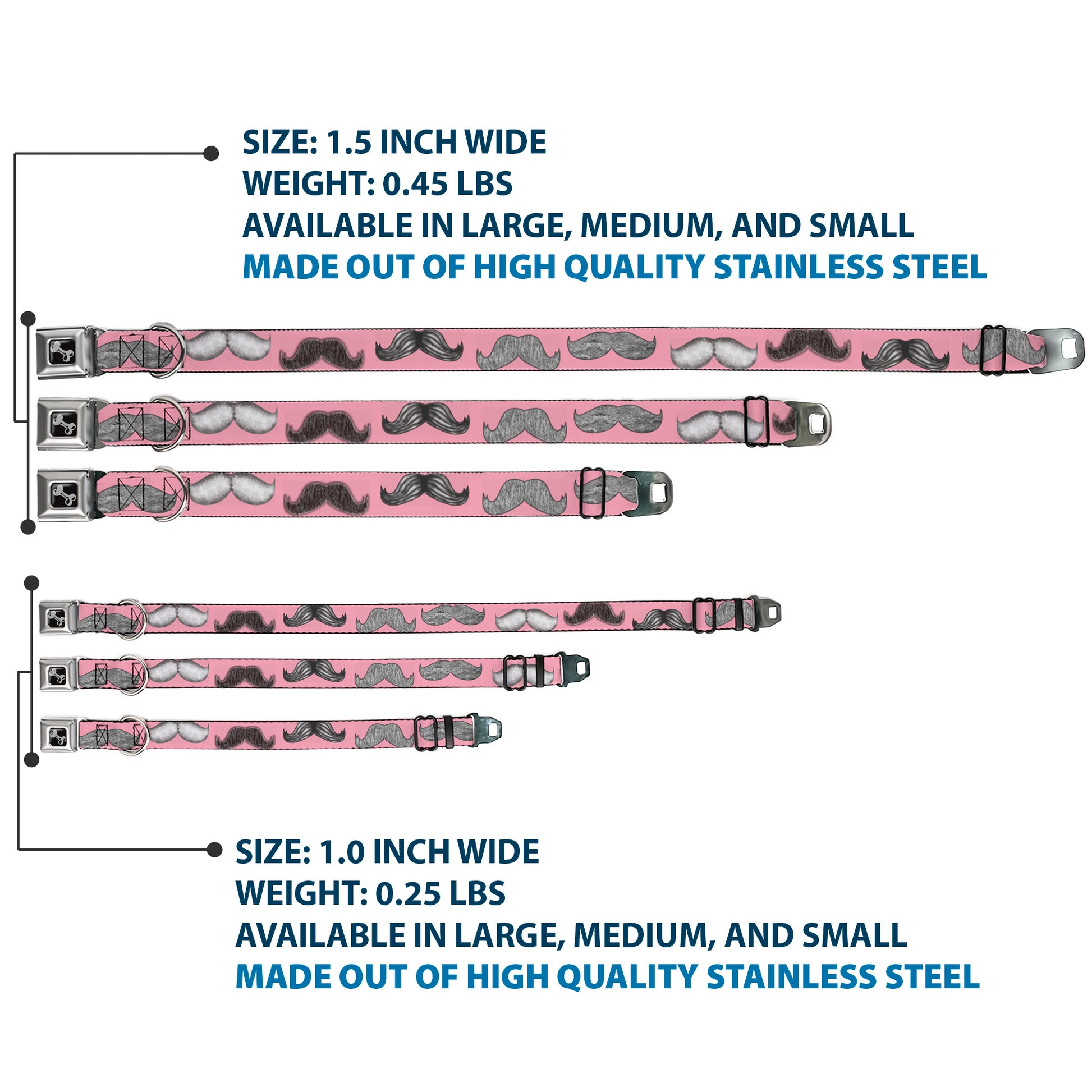Dog Bone Seatbelt Buckle Collar - Mustaches Pink/Sketch Seatbelt Buckle Collars Buckle-Down