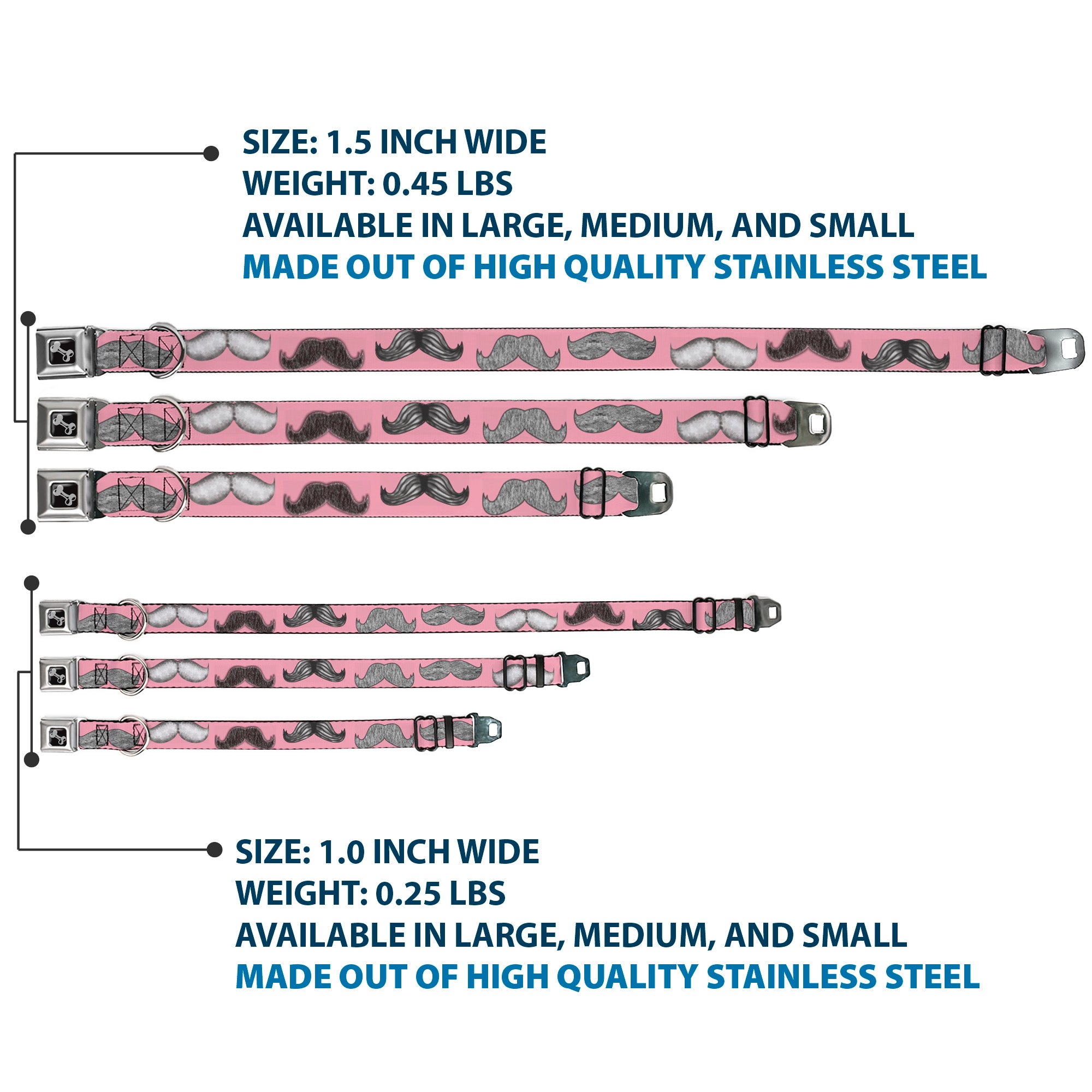 Dog Bone Seatbelt Buckle Collar - Mustaches Pink/Sketch Seatbelt Buckle Collars Buckle-Down