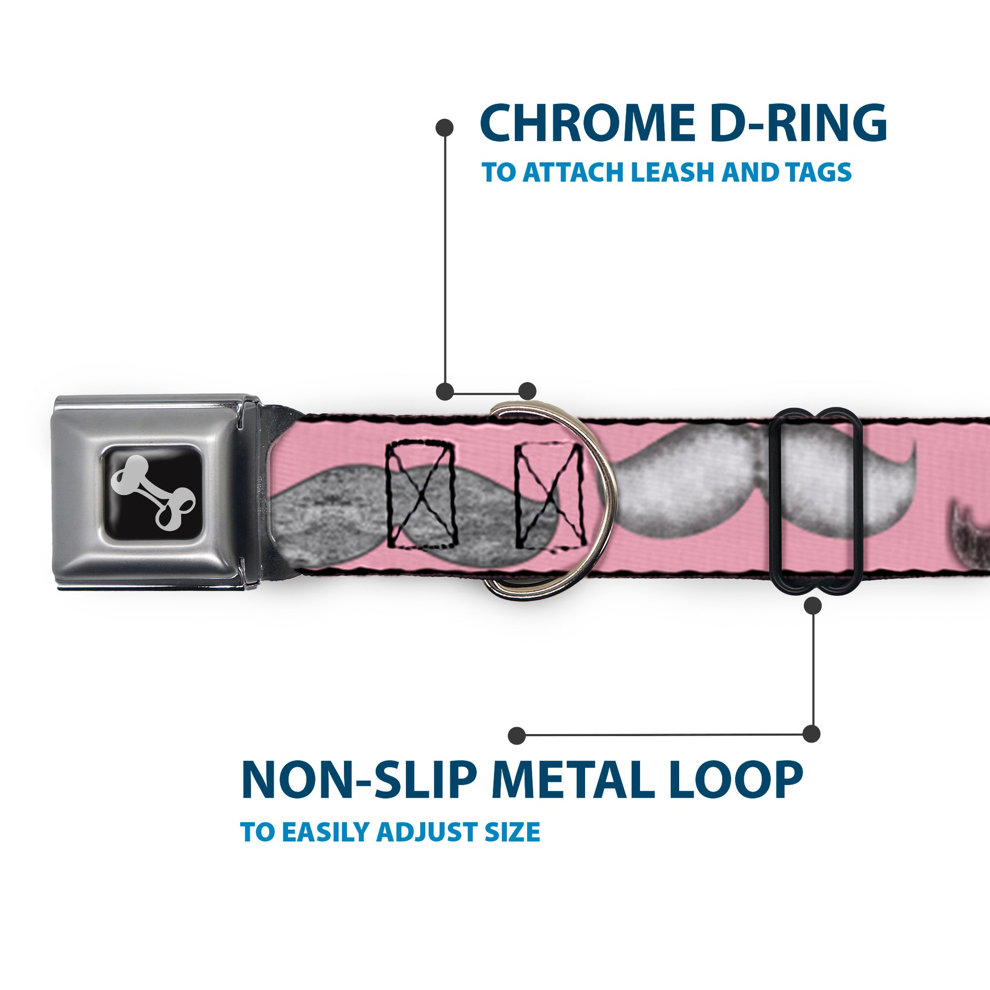 Dog Bone Seatbelt Buckle Collar - Mustaches Pink/Sketch Seatbelt Buckle Collars Buckle-Down