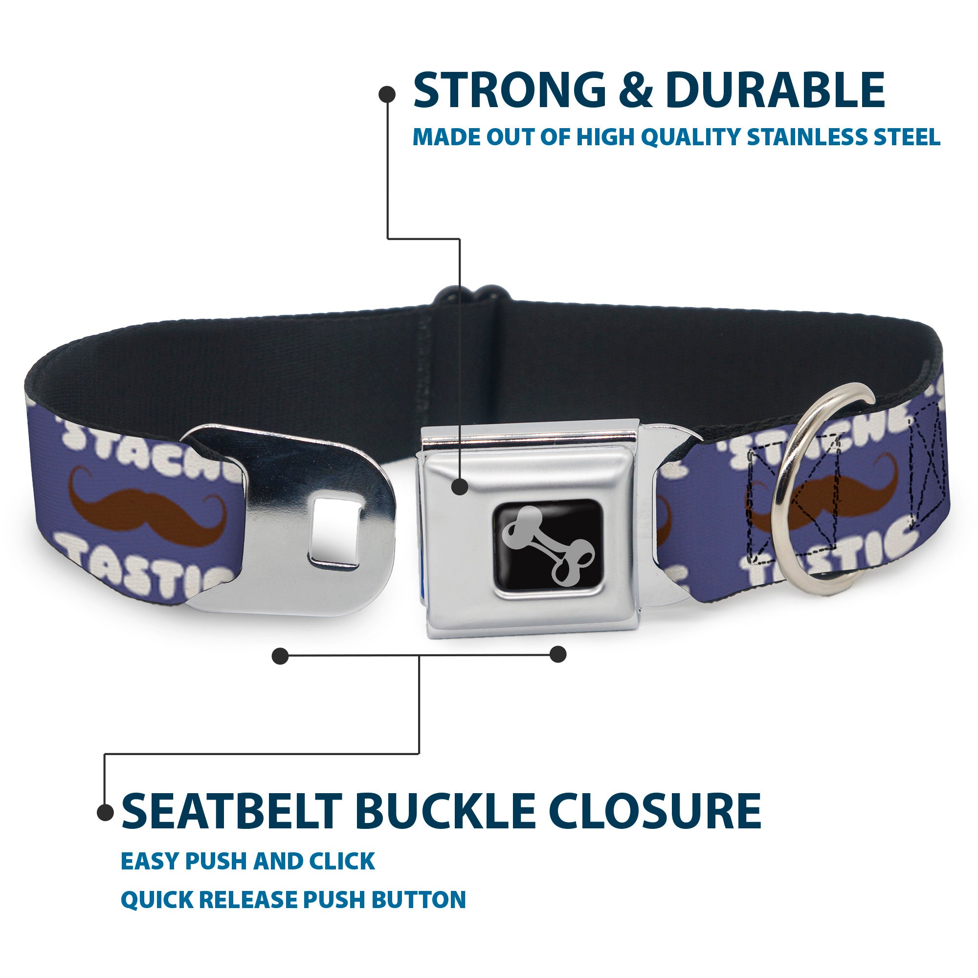 Dog Bone Seatbelt Buckle Collar - Mustache 'Stache-Tastic Seatbelt Buckle Collars Buckle-Down