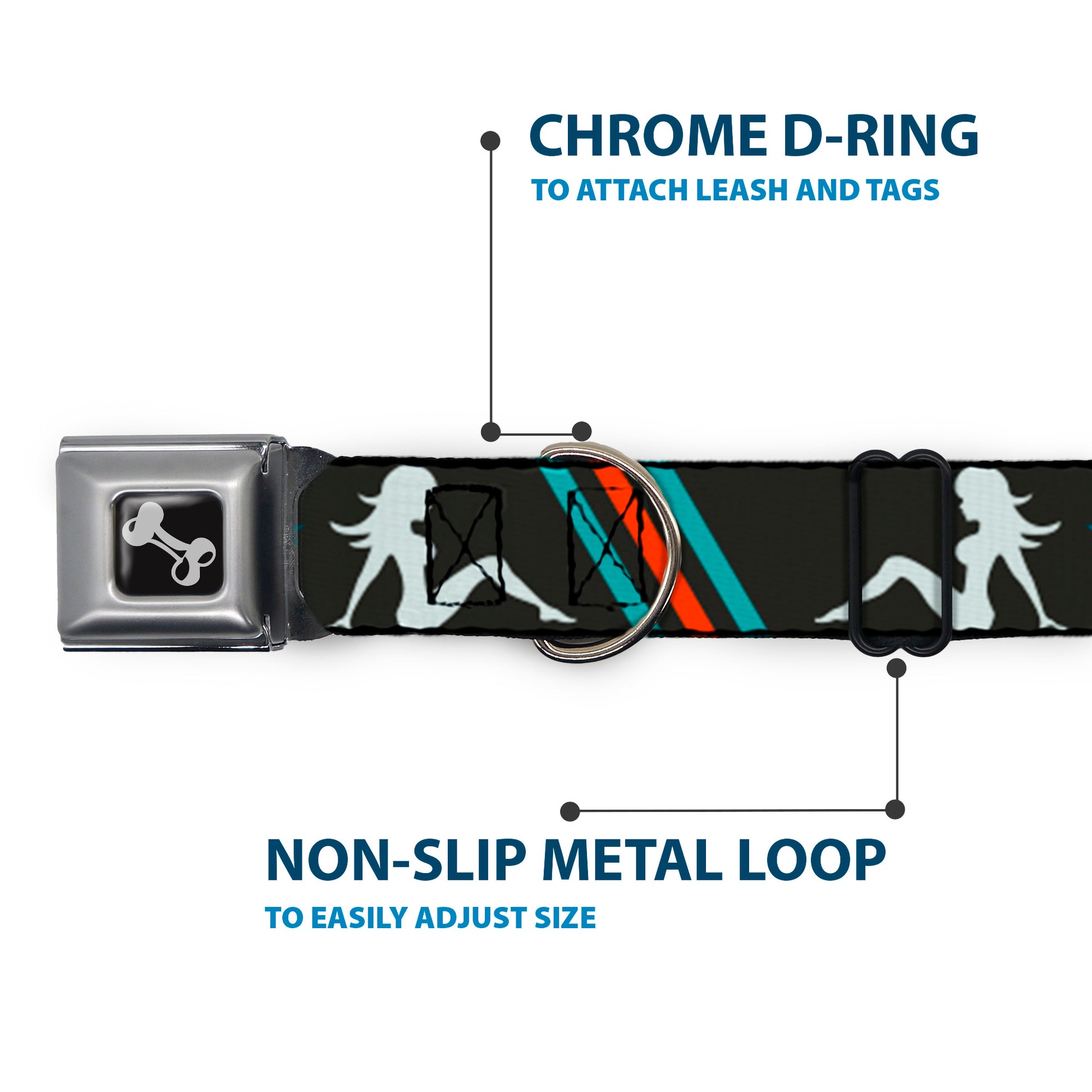 Dog Bone Seatbelt Buckle Collar - Mud Flap Girls w/Stripes Gray/Turquoise/Orange Seatbelt Buckle Collars Buckle-Down
