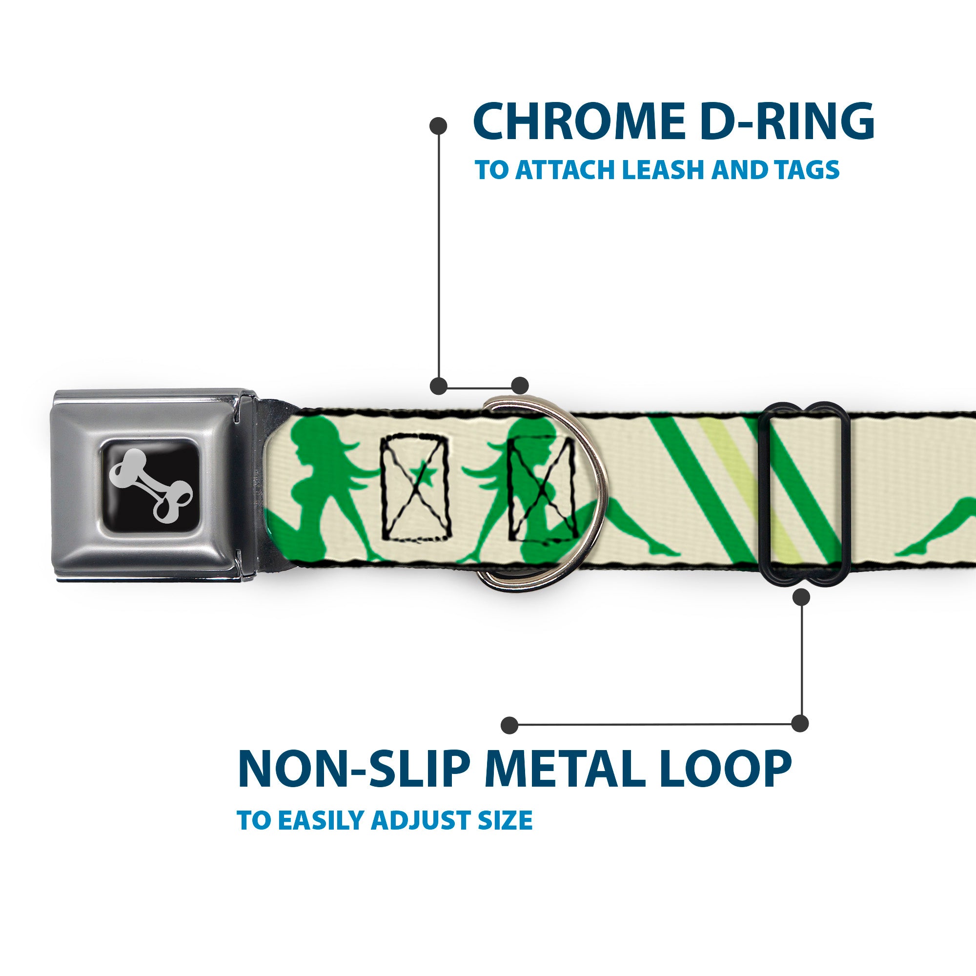 Dog Bone Seatbelt Buckle Collar - Mud Flap Girls w/Stripes Tan/Green/Lime Green Seatbelt Buckle Collars Buckle-Down