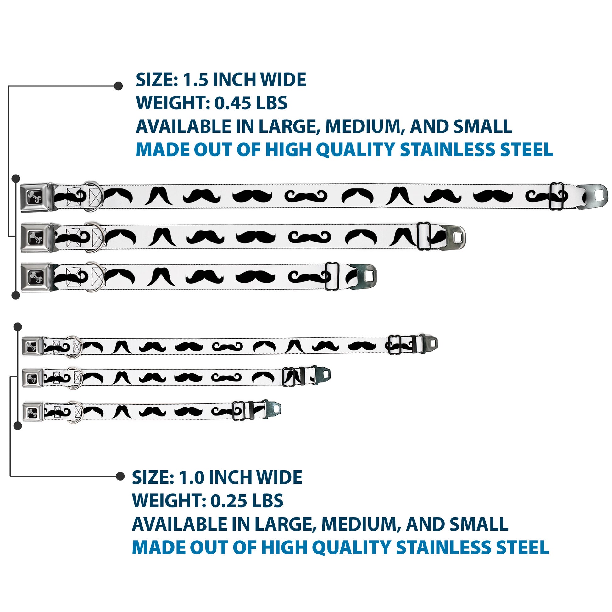 Dog Bone Seatbelt Buckle Collar - Mustaches Straight White/Black Seatbelt Buckle Collars Buckle-Down