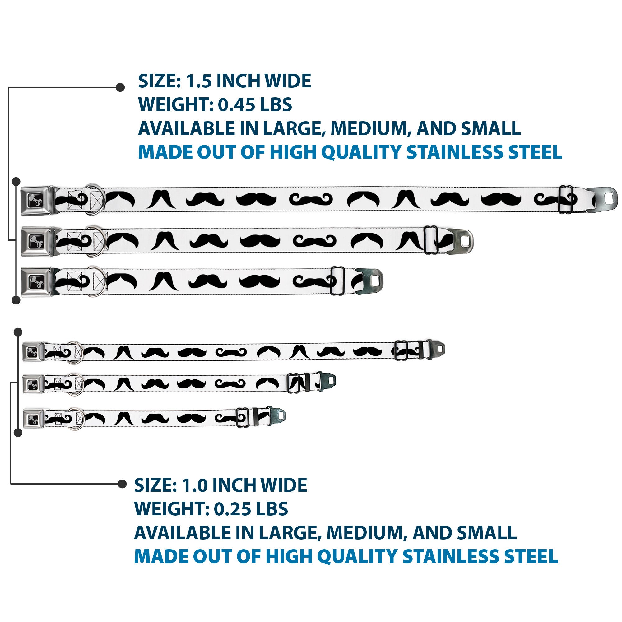 Dog Bone Seatbelt Buckle Collar - Mustaches Straight White/Black Seatbelt Buckle Collars Buckle-Down