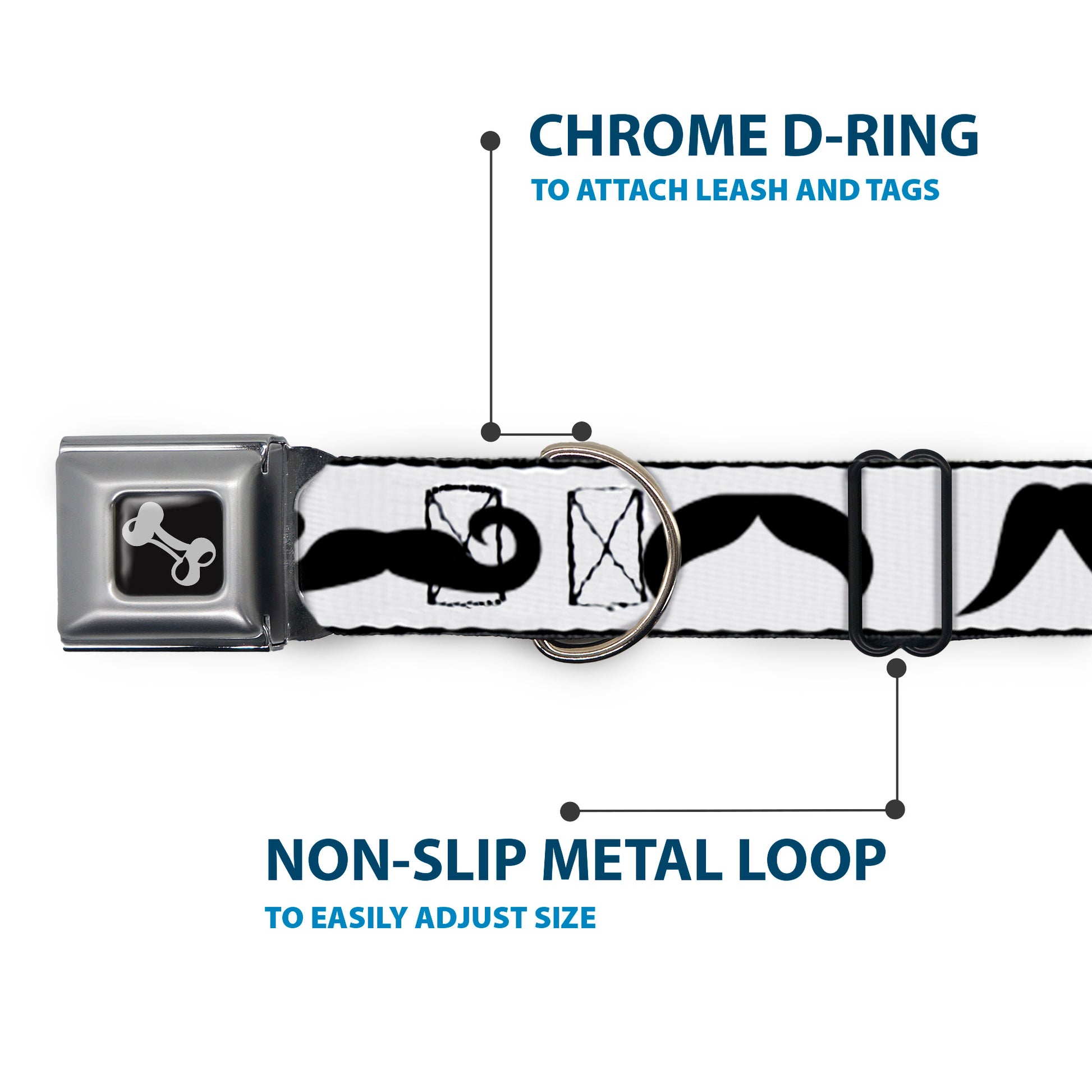 Dog Bone Seatbelt Buckle Collar - Mustaches Straight White/Black Seatbelt Buckle Collars Buckle-Down