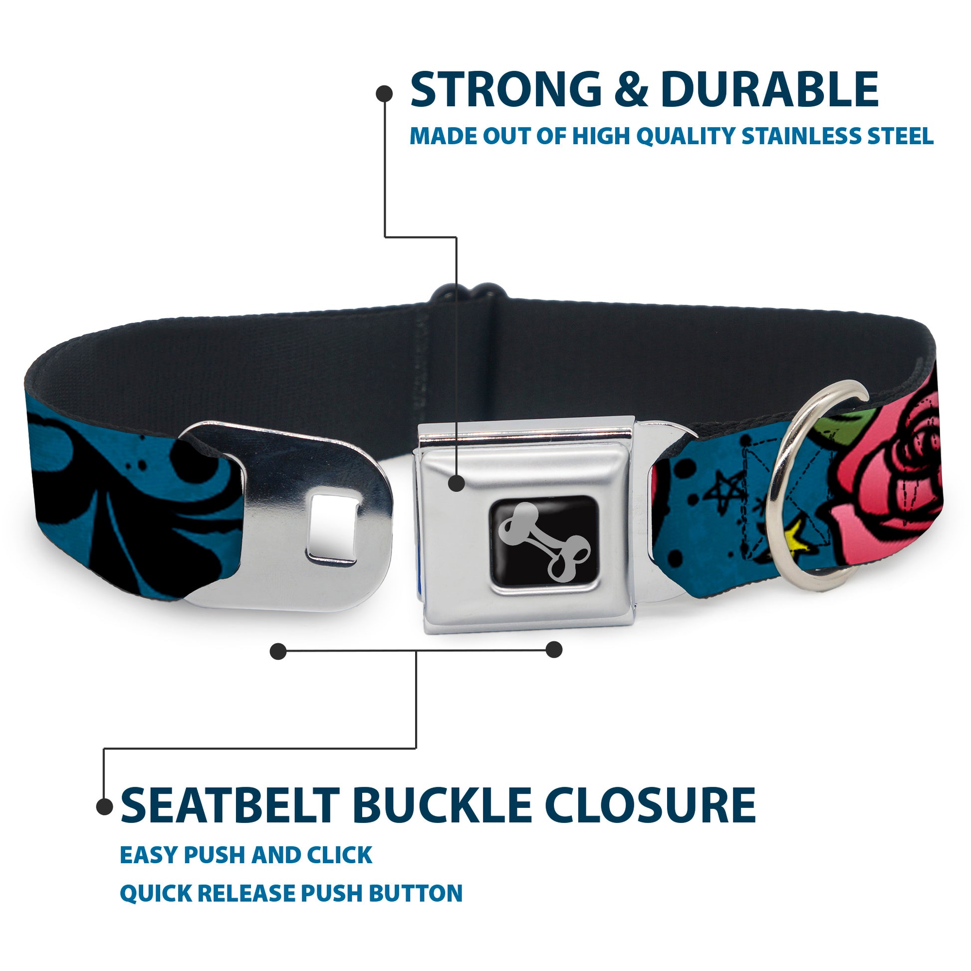 Dog Bone Seatbelt Buckle Collar - Mom & Dad CLOSE-UP Blue w/Sparrows Seatbelt Buckle Collars Buckle-Down