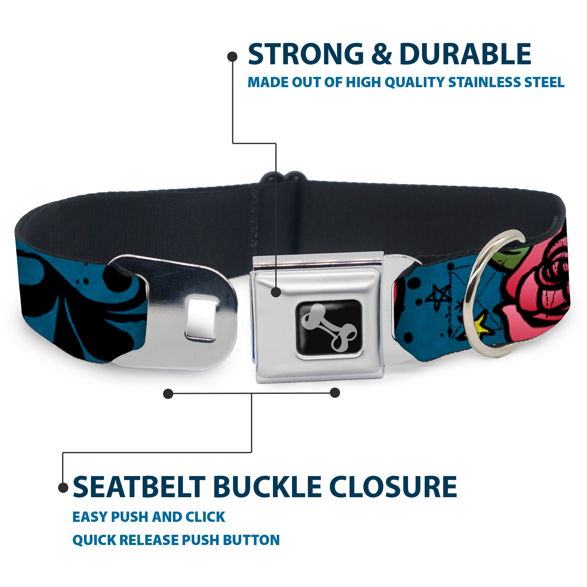 Dog Bone Seatbelt Buckle Collar - Mom & Dad CLOSE-UP Blue w/Sparrows Seatbelt Buckle Collars Buckle-Down