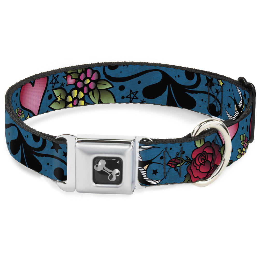 Dog Bone Seatbelt Buckle Collar - Mom & Dad CLOSE-UP Blue w/Sparrows Seatbelt Buckle Collars Buckle-Down