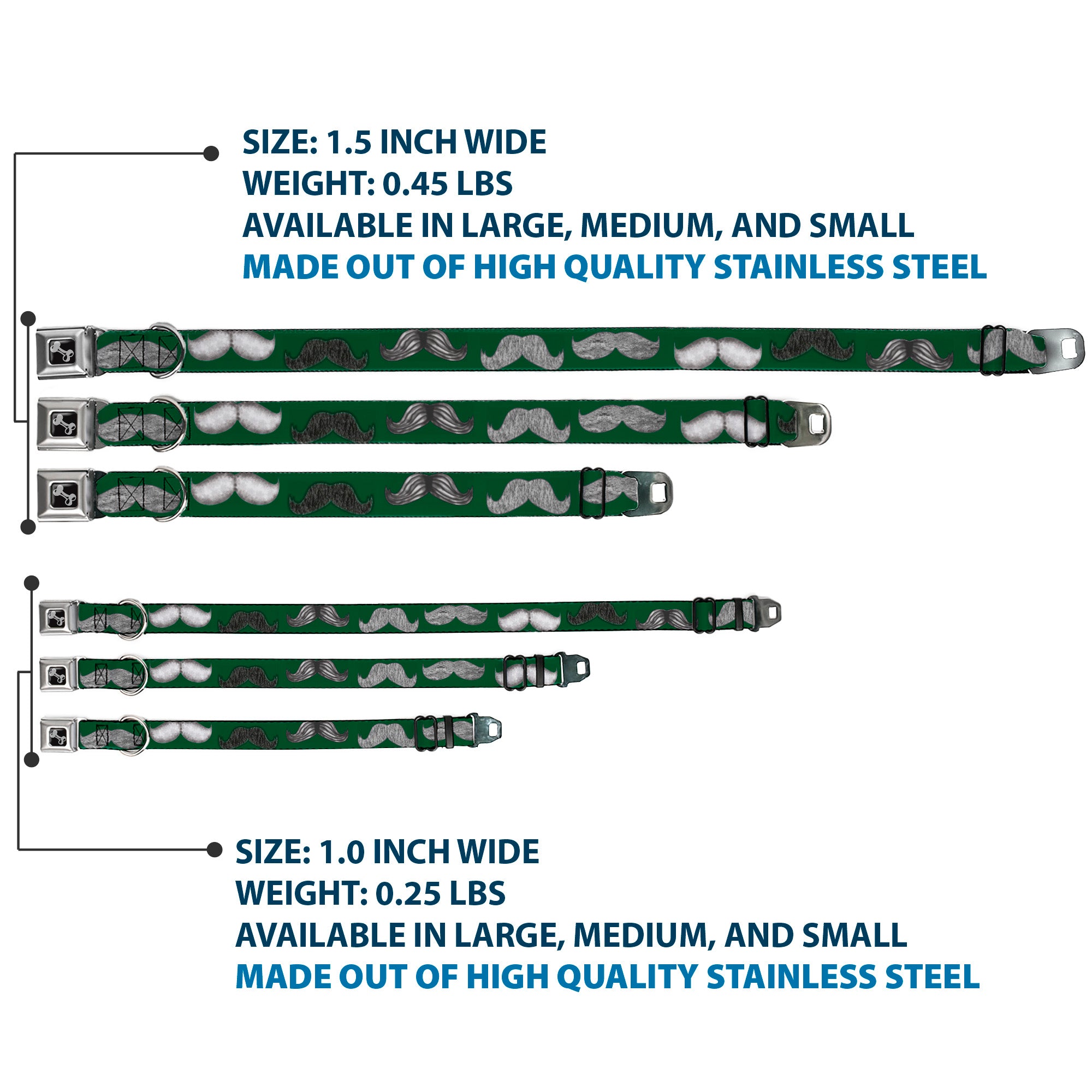Dog Bone Seatbelt Buckle Collar - Mustaches Green/Sketch Seatbelt Buckle Collars Buckle-Down
