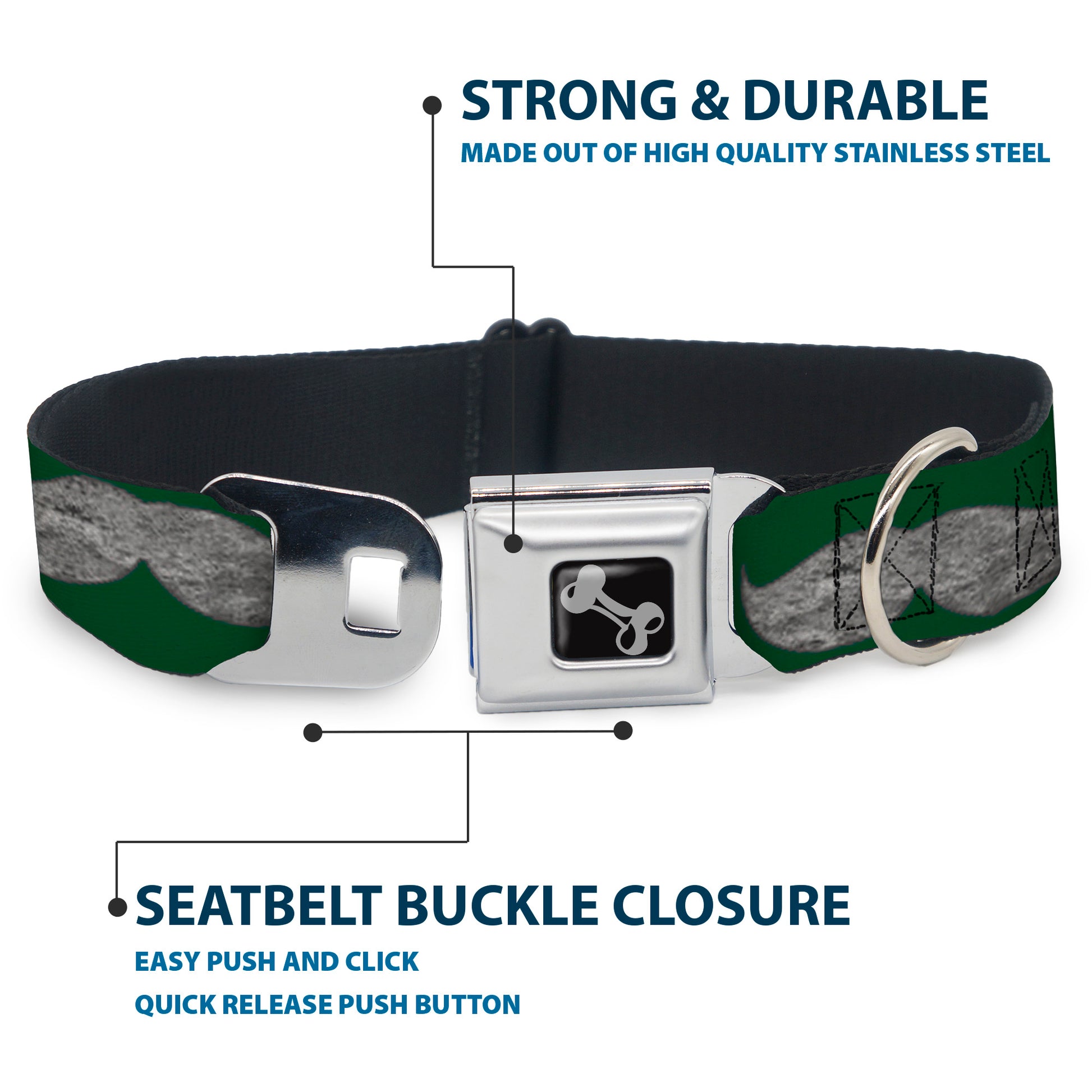 Dog Bone Seatbelt Buckle Collar - Mustaches Green/Sketch Seatbelt Buckle Collars Buckle-Down