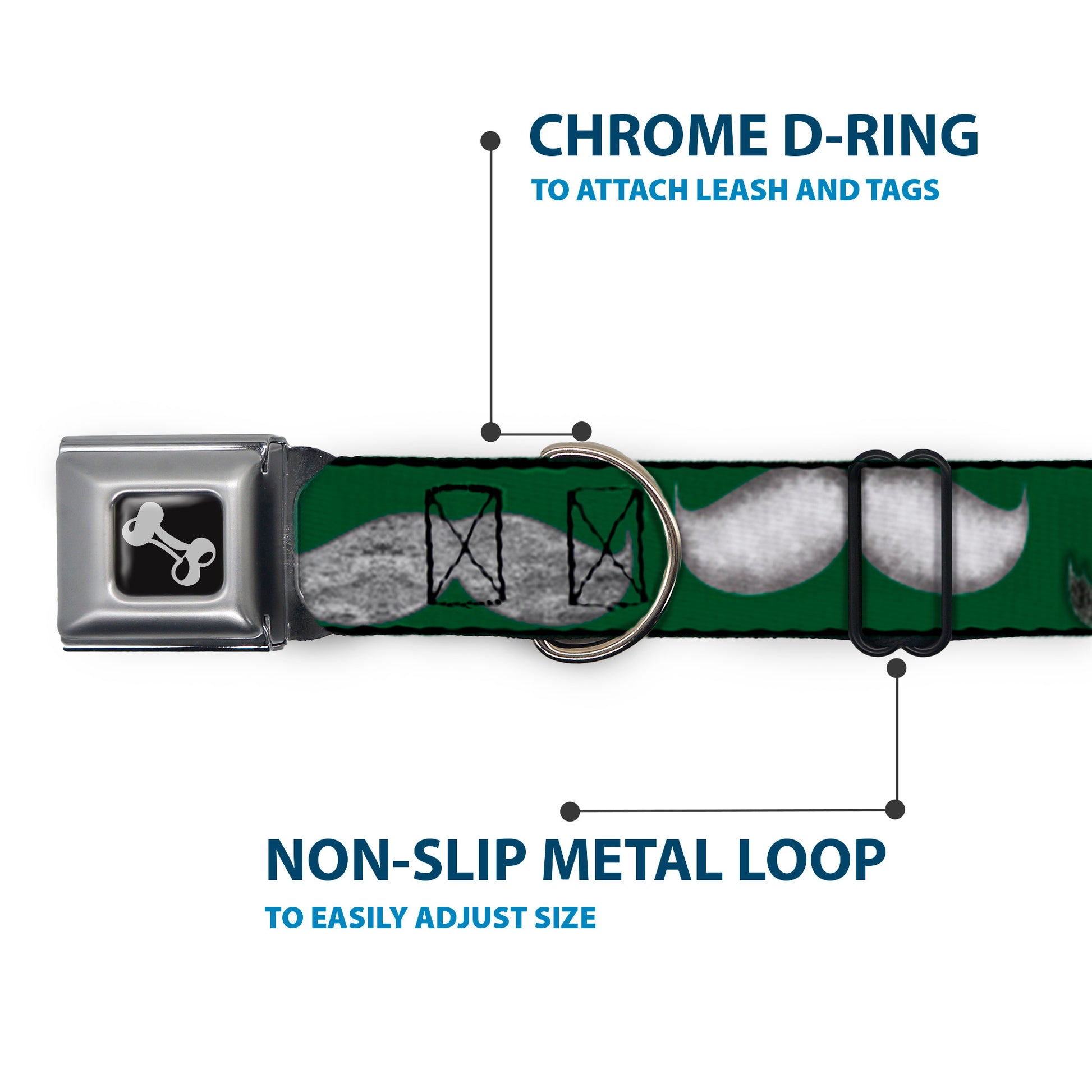 Dog Bone Seatbelt Buckle Collar - Mustaches Green/Sketch Seatbelt Buckle Collars Buckle-Down