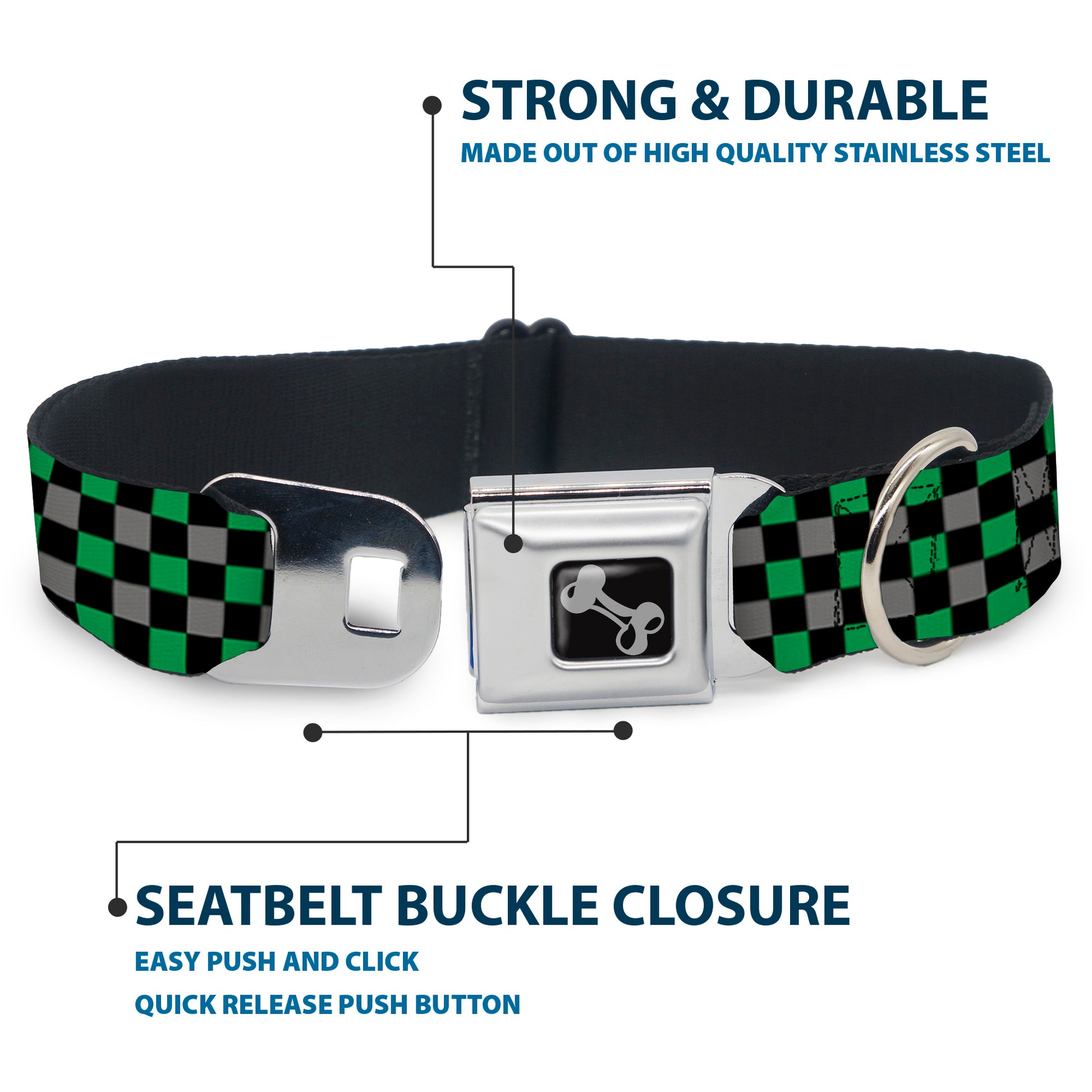 Dog Bone Seatbelt Buckle Collar - Mini Checker Black/Gray/3 Green Seatbelt Buckle Collars Buckle-Down