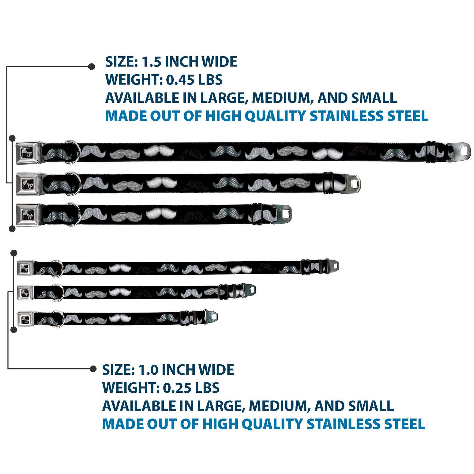 Dog Bone Seatbelt Buckle Collar - Mustache Sketch Black/White Seatbelt Buckle Collars Buckle-Down