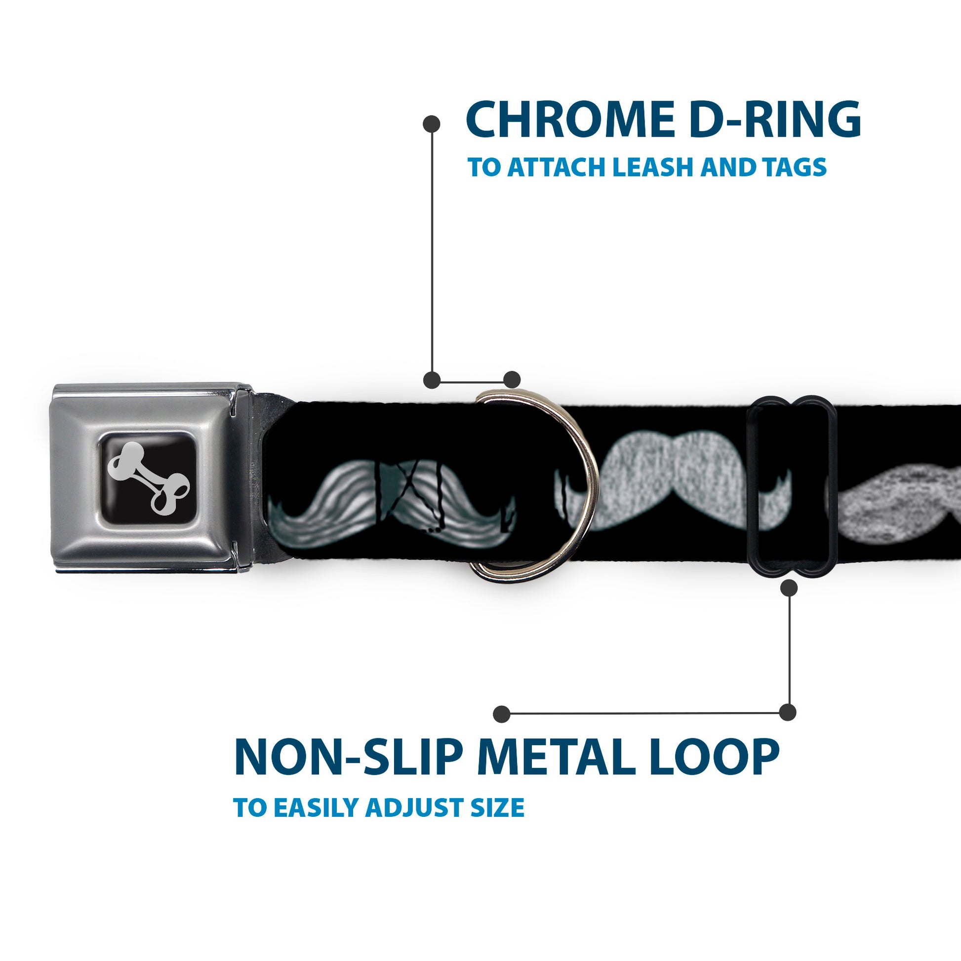 Dog Bone Seatbelt Buckle Collar - Mustache Sketch Black/White Seatbelt Buckle Collars Buckle-Down