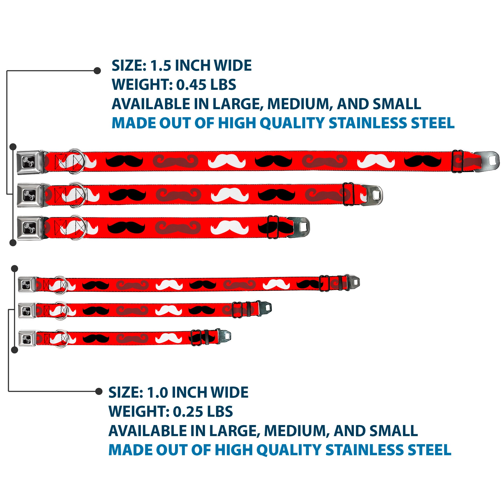 Dog Bone Seatbelt Buckle Collar - Mustaches Red/Brown/White/Black Seatbelt Buckle Collars Buckle-Down