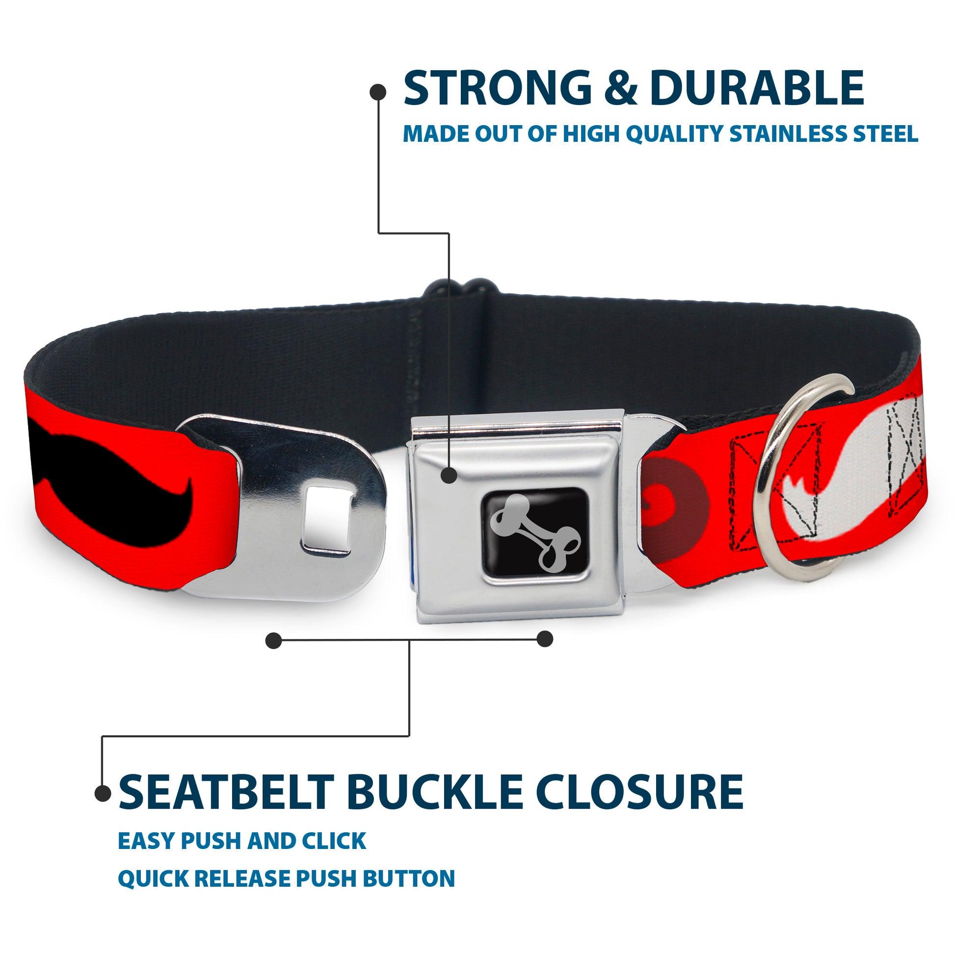 Dog Bone Seatbelt Buckle Collar - Mustaches Red/Brown/White/Black Seatbelt Buckle Collars Buckle-Down